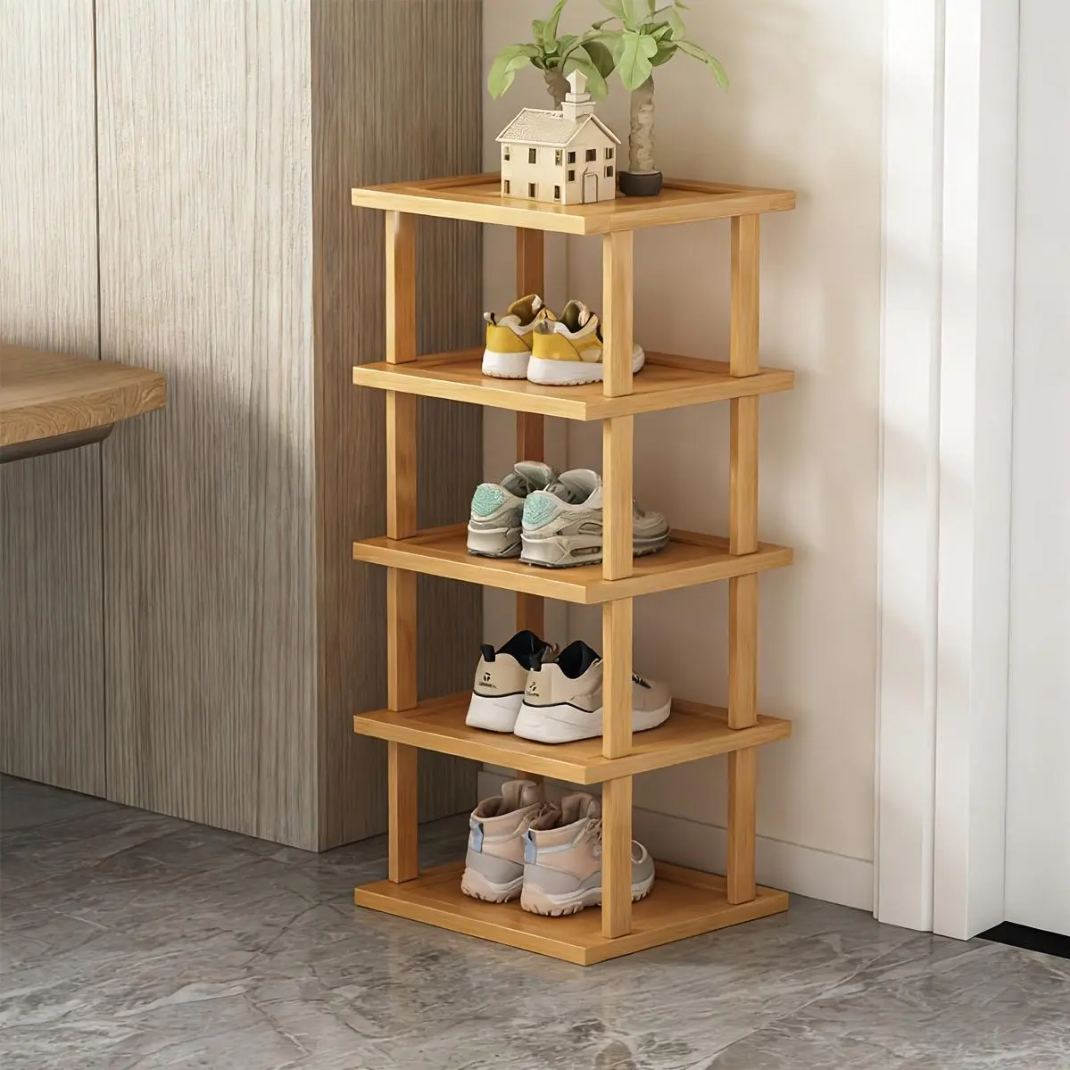 1pc 1pcs 5-Tier Tall Narrow Vertical Bamboo Shelf with Free Stacking Tools - DIY Stackable Storage Shelf Suitable for Small Spaces, Space-Saving Freestanding Organizer with Bamboo for Closet, Entryway, Corner, for Use, Standing Shelf