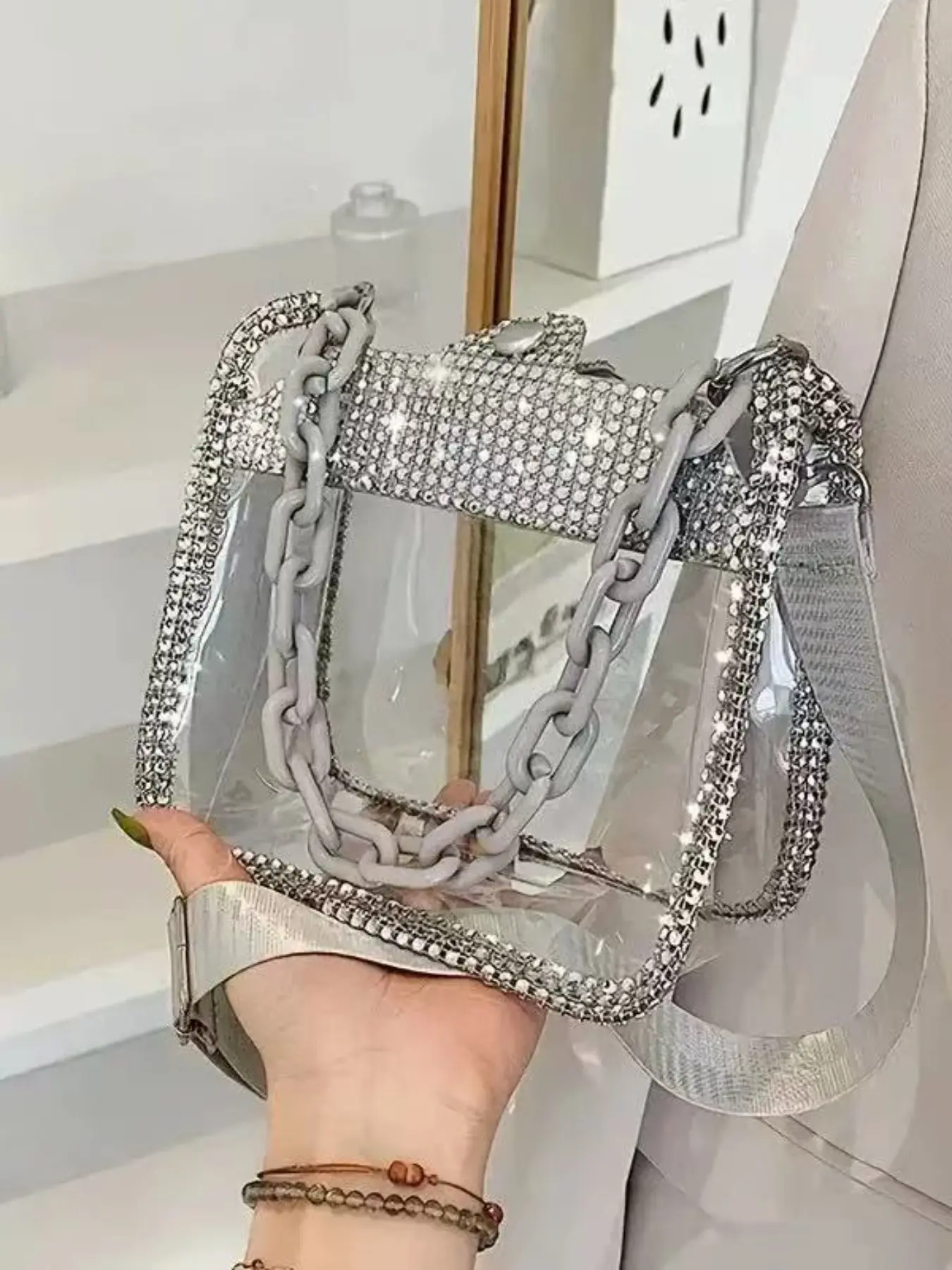 Women's Transparent PVC Crossbody Bag, Vintage Saddle Wallet with Rhinestone Chain, Bling Crossbody Bag, Casual Small Bag for Concerts and Stadiums, Clear Shoulder Bag, Fashion Chain Bag