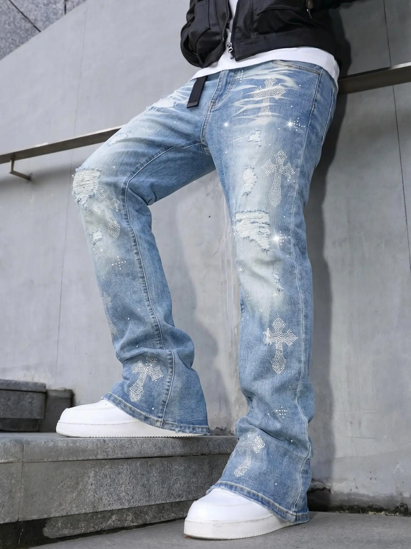 American Cross Rhinestone Ripped Micro Flare Jeans, Light Blue Distressed Wide Leg Pants, Unisex Heavyweight Denim, Trendy Party Wear