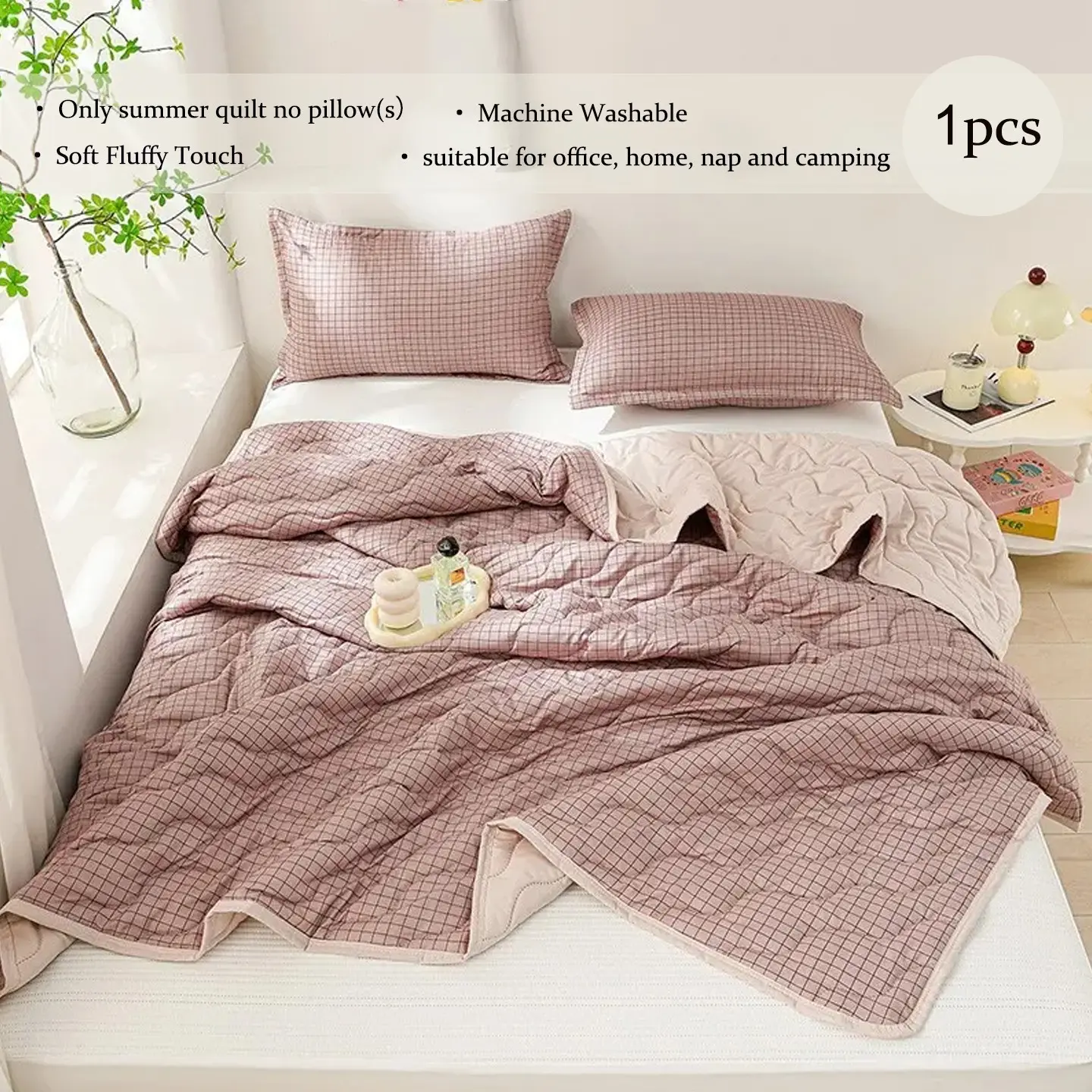 1pcs Gingham Plaid Quilted All Season Quilt, Reversible Soft Lightweight Breathable Thin Comforter, Checkered Bedding for Bedroom Couch Nap, Multiple Sizes Available, Machine Washable Quilt (Only Quilt, No Pillowcases Included)