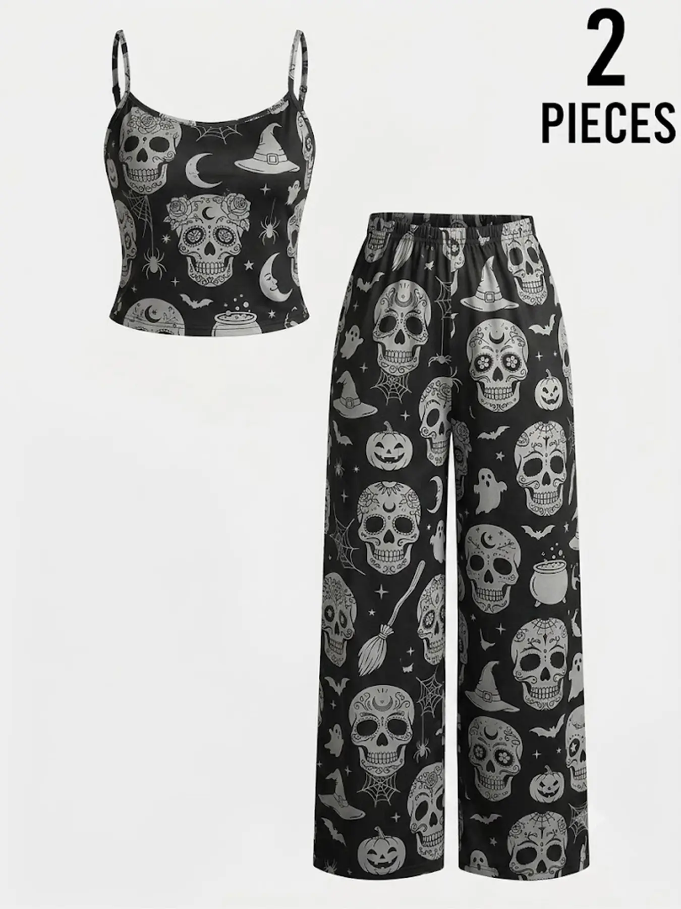 Women 2 Piece Gothic Halloween Pajama Set Sugar Skull Pumpkin Ghost Print Spaghetti Strap Cropped Cami Top Elastic High Waist Wide Leg Pants Soft Breathable Loungewear Sleepwear Spooky Season Goth Aesthetic Home Wear For Daily Sleep Halloween Party Casual