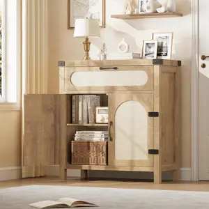 Boho Farmhouse Rattan Sideboard Buffet Cabinet with Drawer and Adjustable Shelves – Accent Storage Cabinet for Entryway, Living Room, Dining Room, or Kitchen