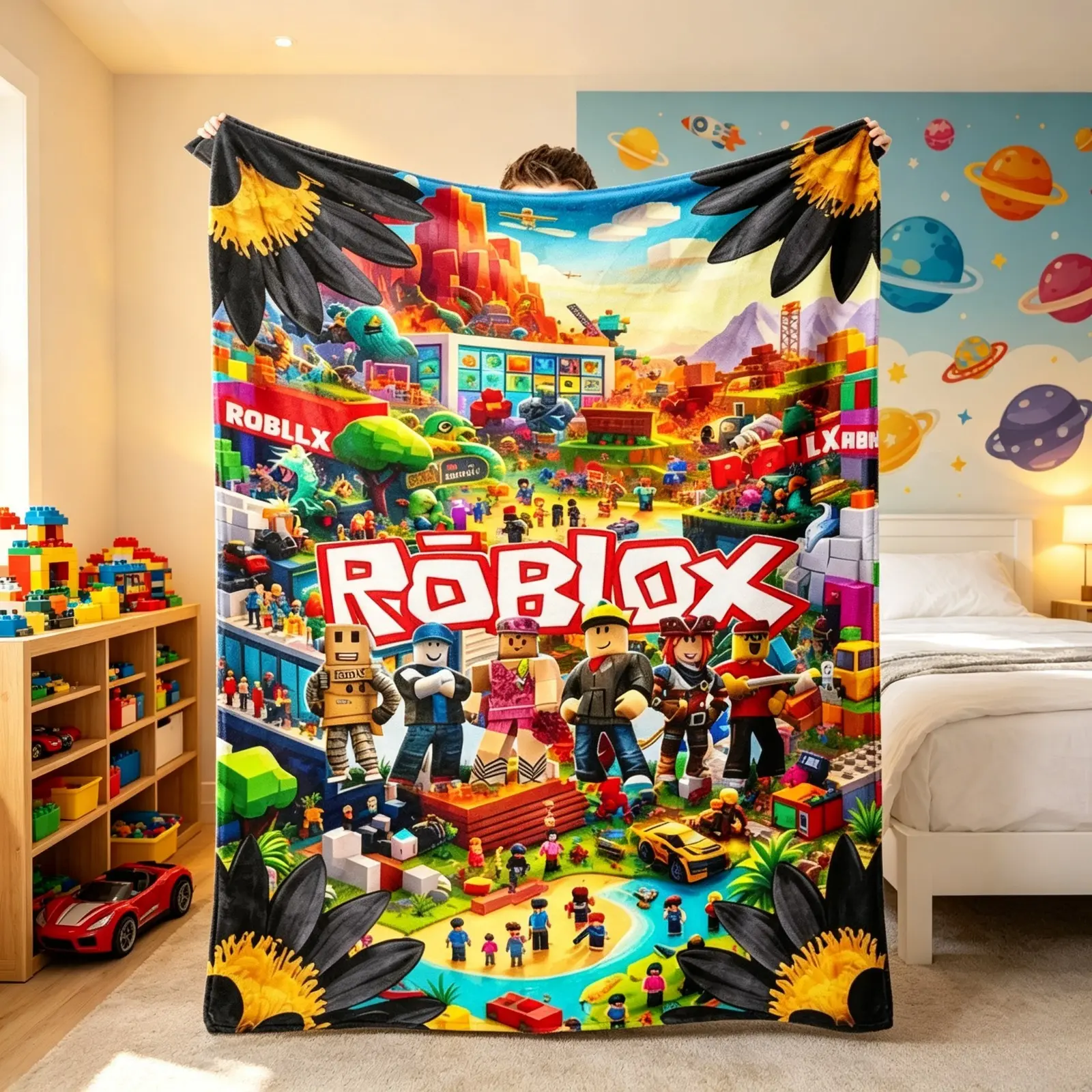 Gaming Style Pixel Character Flannel Throw Blanket Funny Block Design Soft Cozy Lightweight Fleece Blanket for Kids Teens Sofa Bed Bedroom Gaming Room Decor Birthday Christmas Gift Game Lover Present, One-Piece, Polyester