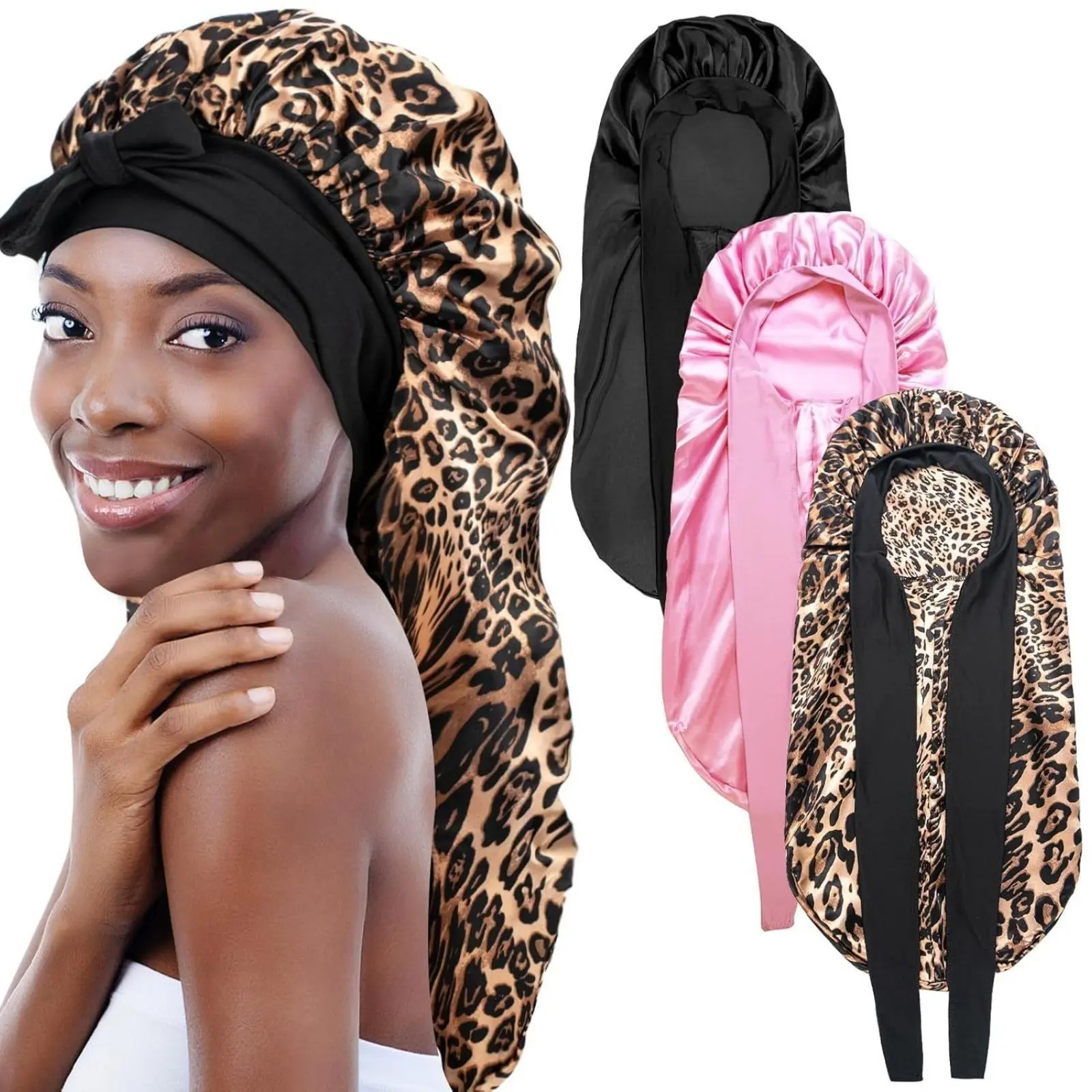 Women’s Long‑Tube Long‑Tail Satin Sleep Bonnet with Bow Streamer, Soft Smooth Perm Hair Care Headscarf Cap, Stretchy Breathable Luxurious Headwear, Ideal for Night Sleeping, Salon Perm Treatment and Daily Hair Protection