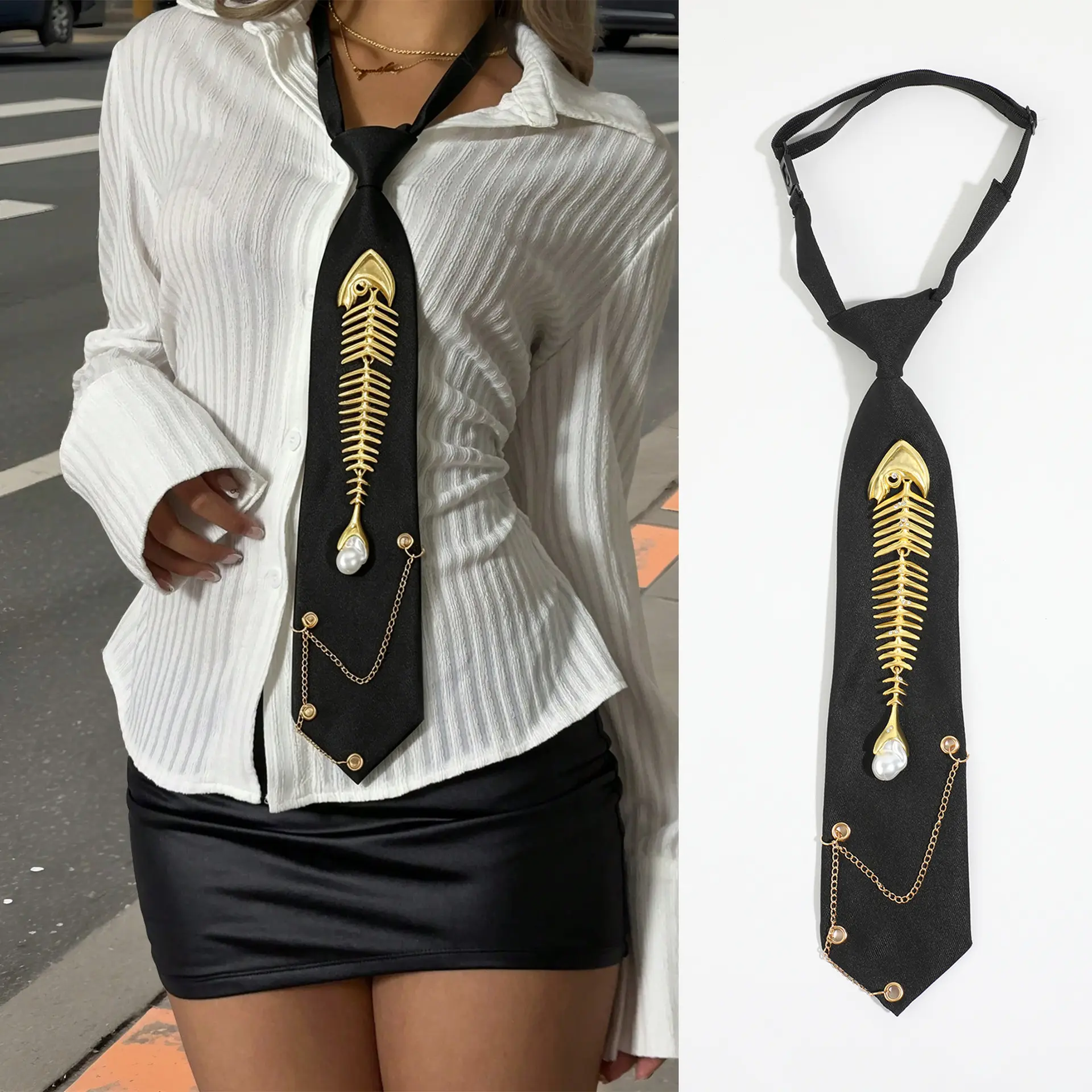 Y2K‑Gothic Style Women’s Pre‑Tied Neck Tie, Black Fabric Adjustable Neck Accessory Decorated with Gold Fish Skeleton, Faux Pearl and Chain Details, Cool Streetwear Costume Tie for Daily & Party Outfits