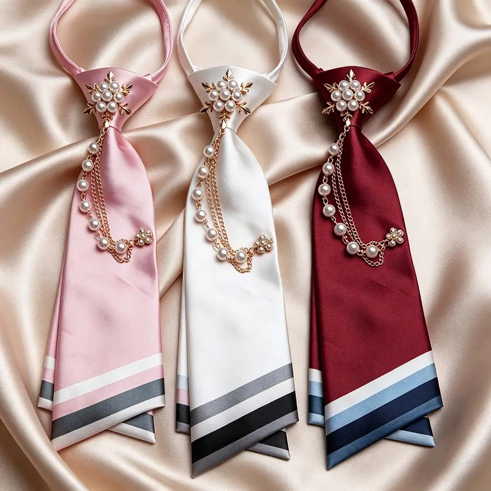 Main Character Energy Elegant Striped Satin Pearl Chain Decorated Women Neck Tie Single Unit 3 Tone Preppy JK Uniform Bow Tie Vintage Formal Cosplay Hair Neck Accessory For Girls Wedding School Dating Styling, Back Tie Design, School Outfit