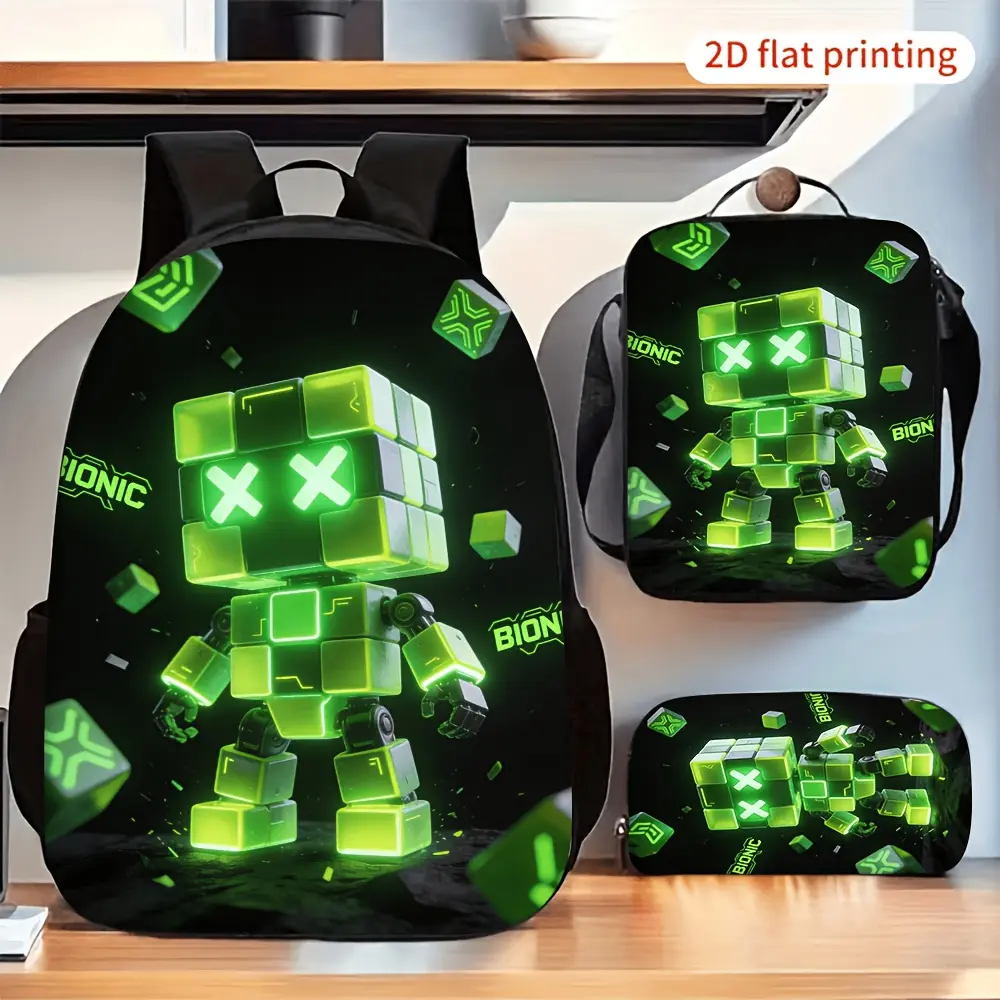 Kids' 3-Piece Backpack Set with Adjustable Straps, Insulated Lunch Bag & Pencil Case, Futuristic Cyberpunk Glowing Cubes Robot Print, Waterproof Oxford for School Daily Use, Oxford Fabric, Set Combo