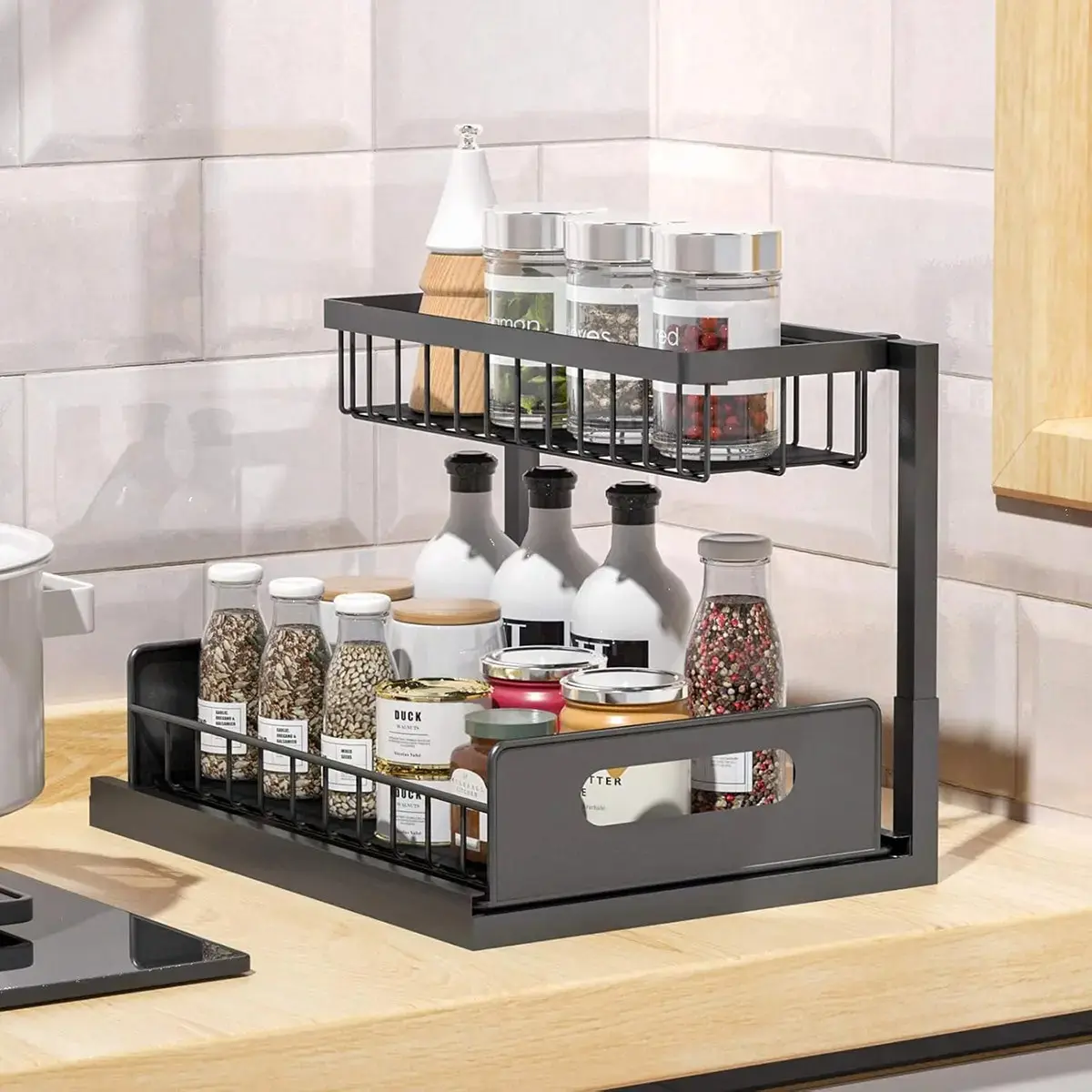 Under Sink Organizer 2 Tier Pull Out Cabinet Shelf｜Sliding Cabinet Storage Rack for Kitchen Bathroom Sink Cabinet｜Carbon Steel Drawer Organizer for Home Storage (White)