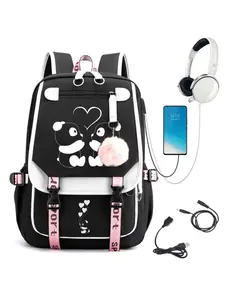 Kawaii Couple Panda Heart Print Backpack for Teen Girls, Cute Panda School Bookbag with USB Charging Port, Pink Fluffy Pom Pom Charm Lightweight Casual Student Backpack Back to School
