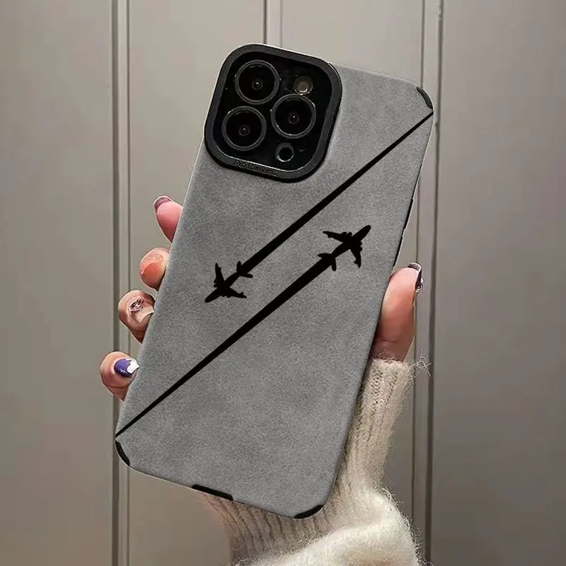 Minimal Airplane Flight Route Faux Leather Phone Case For iPhone 17 16 15 14 13 12 11 Pro Max Plus XS Max, Large Camera Window Shockproof TPU Protective Cover, Travel Lover Neutral Aesthetic Anti-Scratch Texture Case