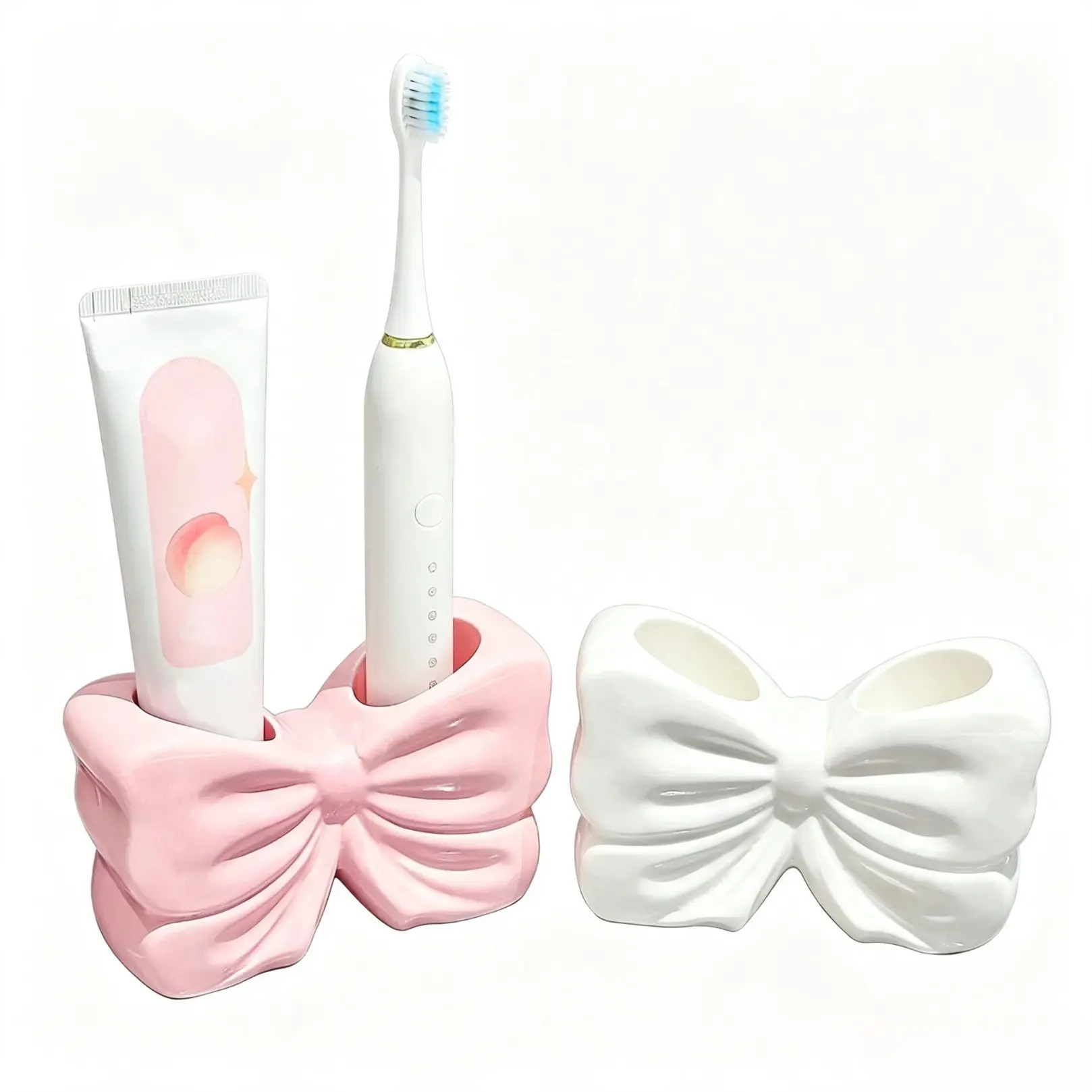 Ceramic Bowknot Toothbrush Holder, Dual-Hole Bathroom Storage Organizer For Toothbrushes And Toothpaste, Cute Decorative Accessory For Home, Dorm And Hotel