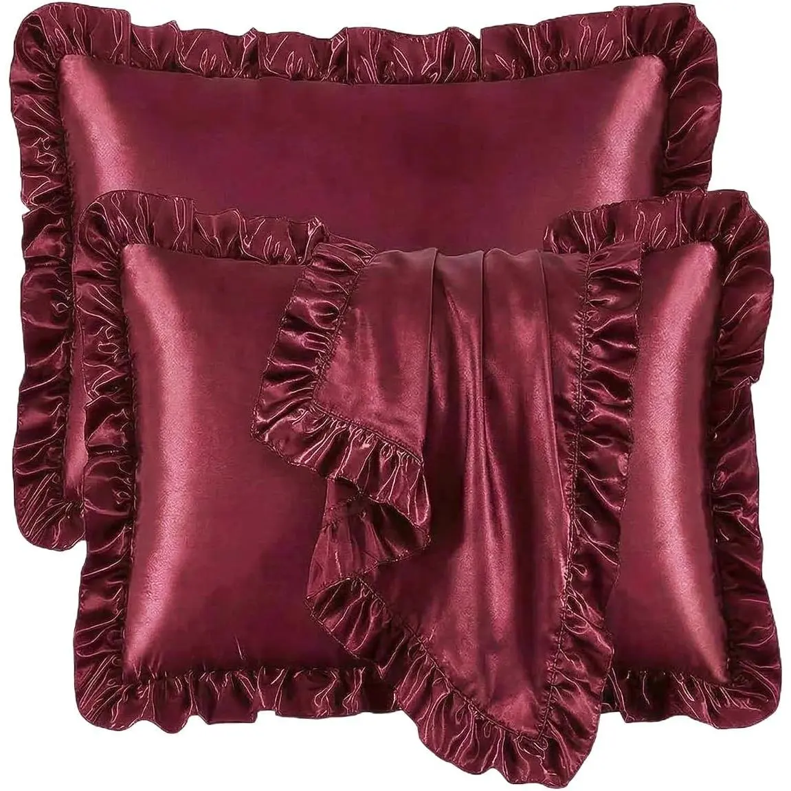 Ruffle Satin Pillow Cases Standard Size Set of 2, Ruffled Soft Cooling Silky Pillow Shams with Envelope Closure, Wrinkle Resistant Pillow Covers Room Decor Gifts, Burgundy,20x26 Inch