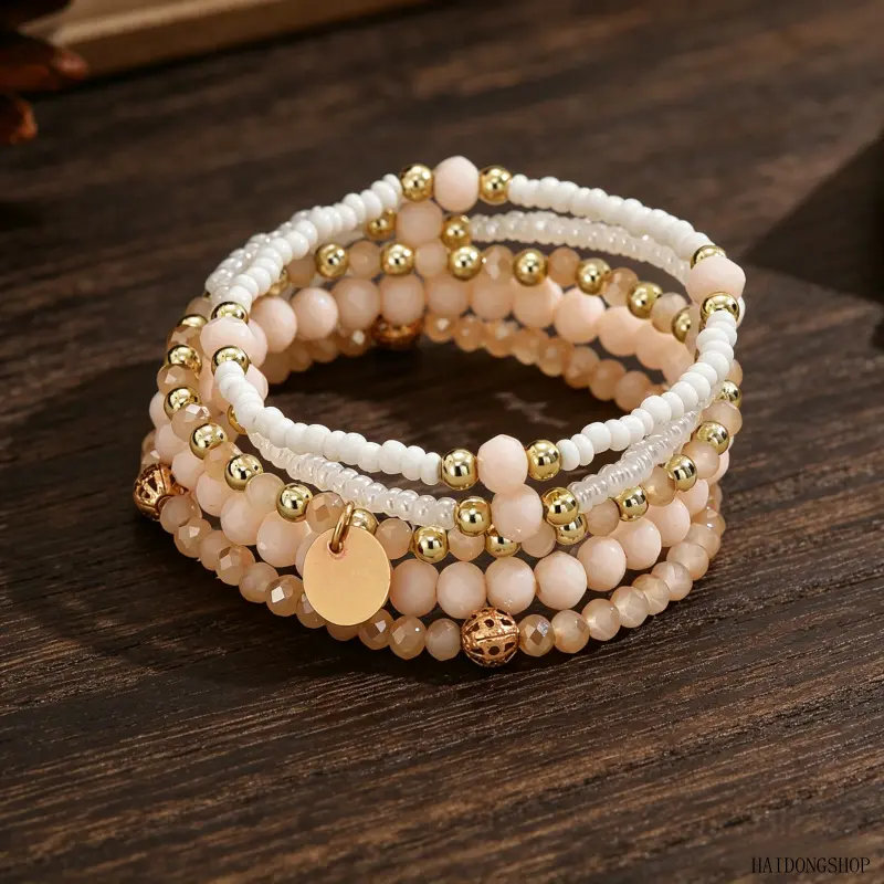 Women Stretch Beaded Bracelet Stack Set, 5Pcs Elegant Minimal Wrist Jewelry Mixed With Crystal & Resin Beads, Decorated With Alloy Round Disc Charms, Delicate Layered Accessory Pack For Daily Office Casual Dating Outfits,customized
