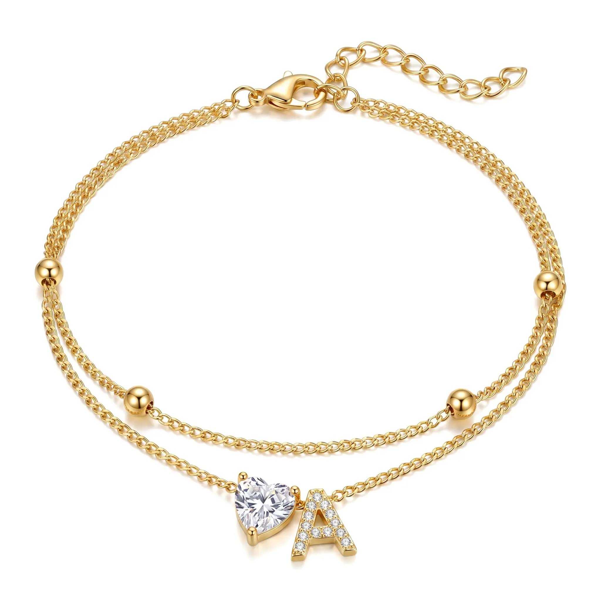 Women's Minimalist Zircon Heart Anklet - Adjustable Brass Alloy Double-Layer Anklet with 26-Letter Initial Engraving Letter Hearts, Everyday Wear Essential Travel Souvenir Gift, Gold-Tone Hardware Anklets