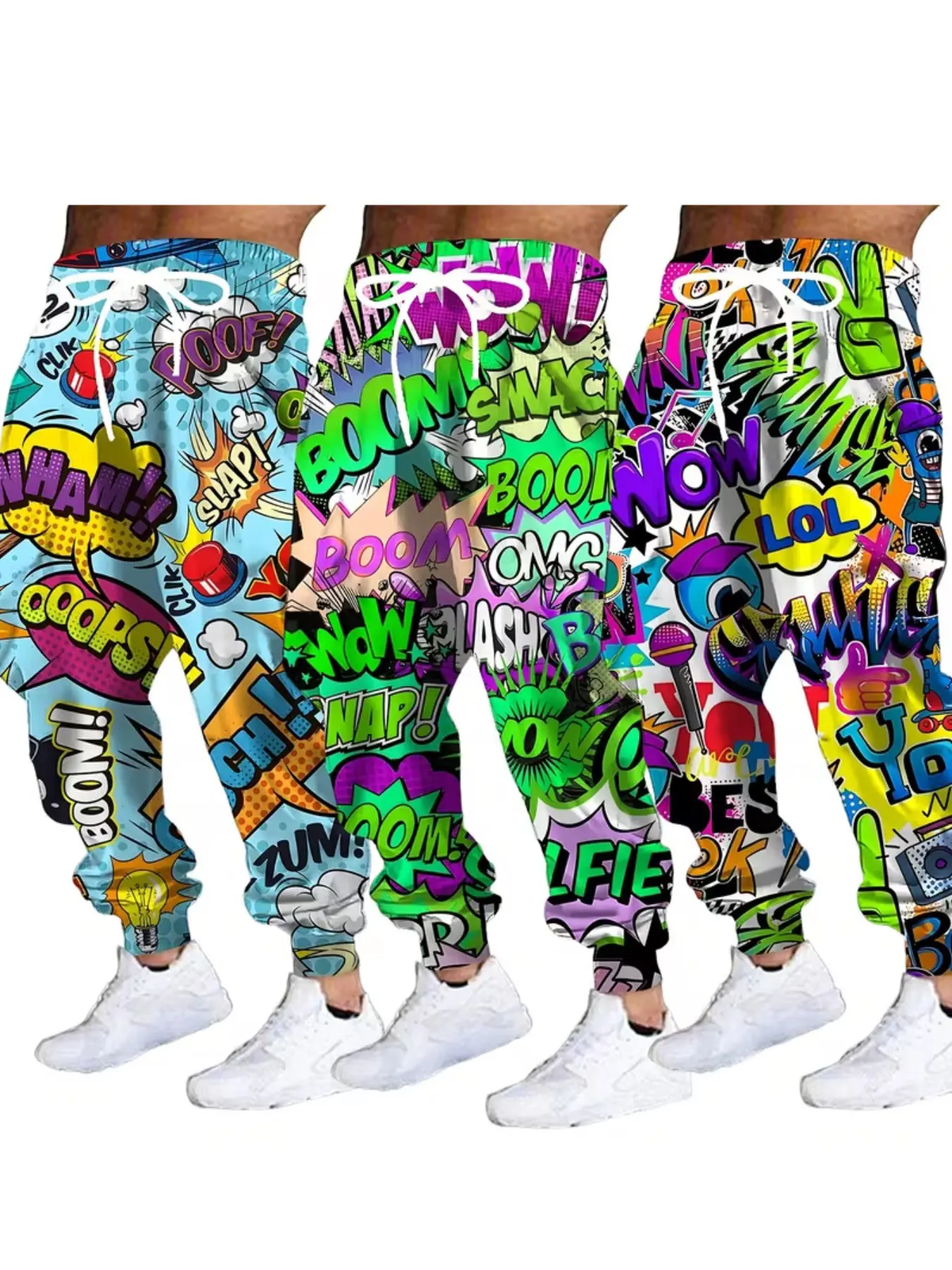 Three-Pack American Comic Explosion Text 3D Digital Print Drawstring Sweatpants, Casual Streetwear, Unisex, All Seasons
