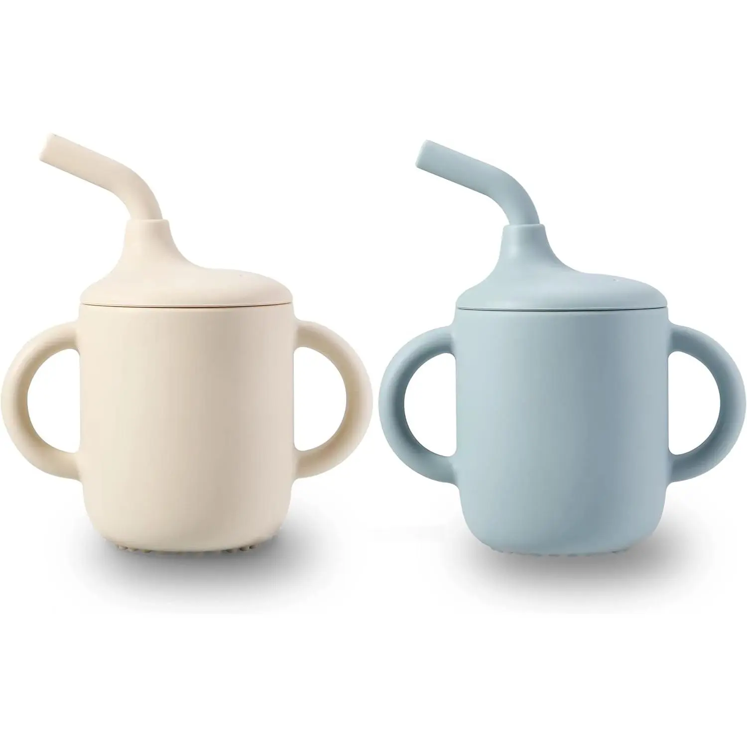 2 Pack 100% Tiny Silicone Drinking Training Cup with Handles & Straw  Baby and Toddler (White Blue) New model