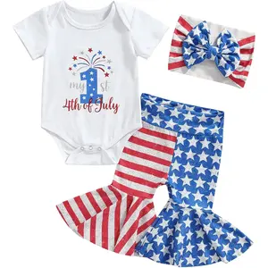 4th of July Baby Girl Outfits USA Ribbed Short Sleeve Romper Stars Bell Bottoms Newborn Fourth of July Clothes New model