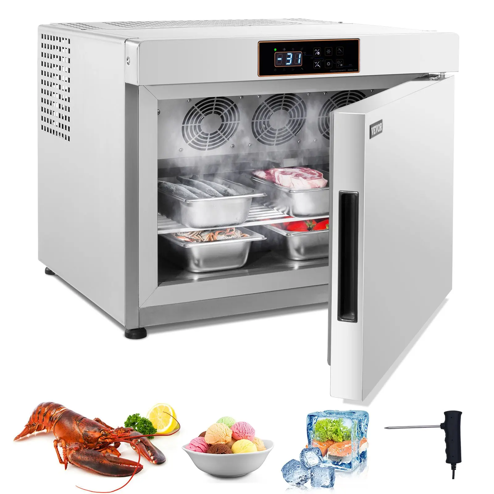 【DealsForYouDays】VEVOR Commercial Blast Freezer, 32 L/ 1.1 Cu. ft Blast Chiller with 4 1/3 Trays, Blast Chiller Freezer Chest with Cooling Freezing Modes, Stainless Steel Food Blast Freezer for Restaurant, Seafood