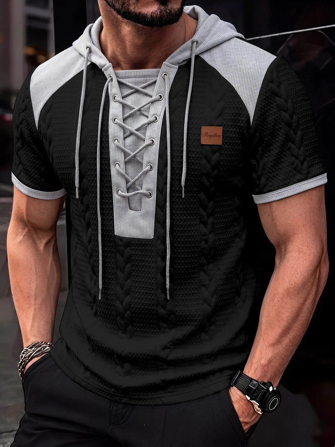 【ROYALBOY】Men's Summer Waffle Texture Hooded Drawstring Patchwork Short Sleeve Top, Ideal for Outdoor Activities, Commuting, and Gatherings