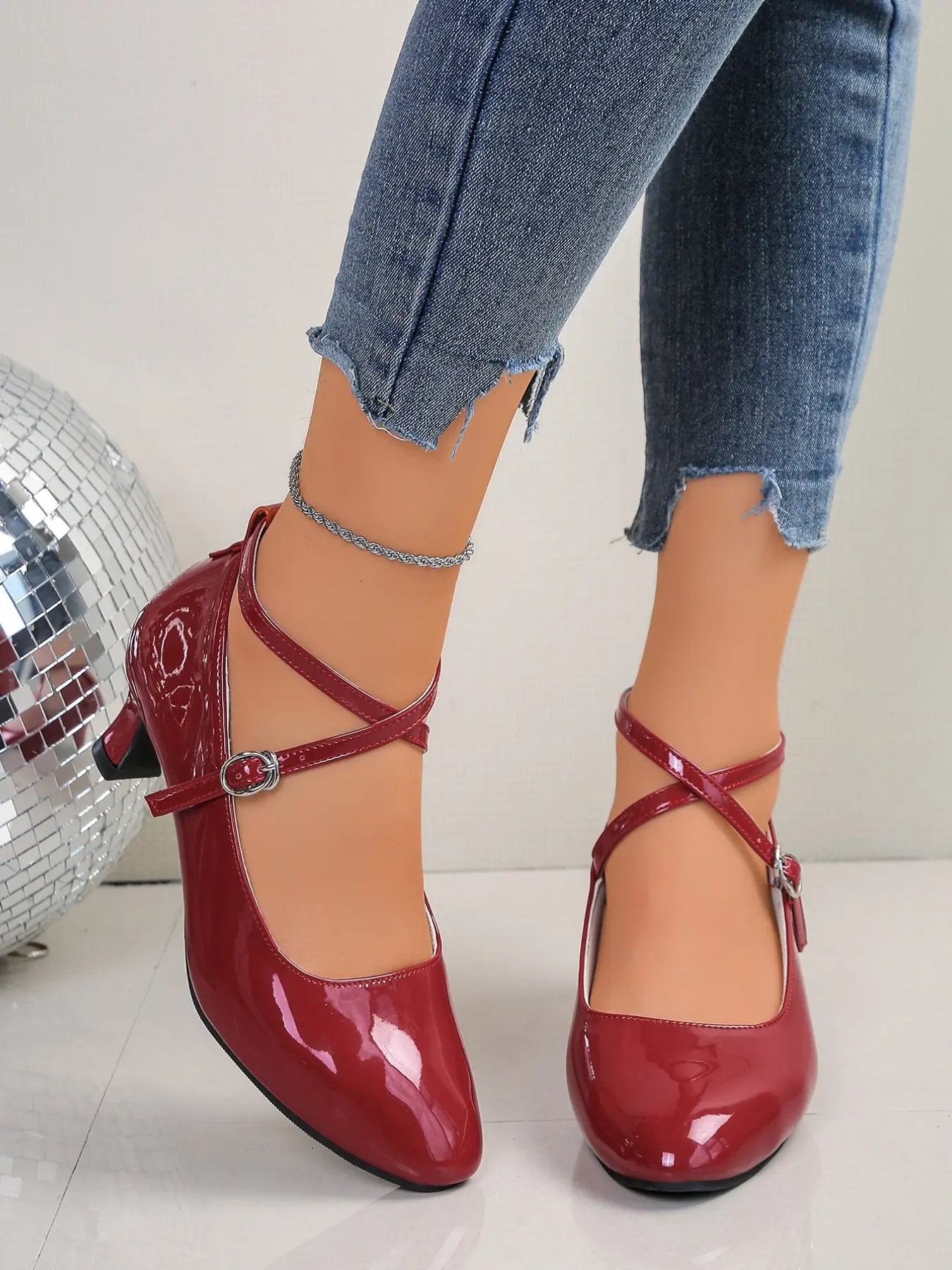 Women's 5.5cm Comfortable Cross Ankle Strap Mary Jane Shoes, Y2K Retro Elegant Dance Party Heels, Adjustable Metal Buckle, Non-Slip Sole