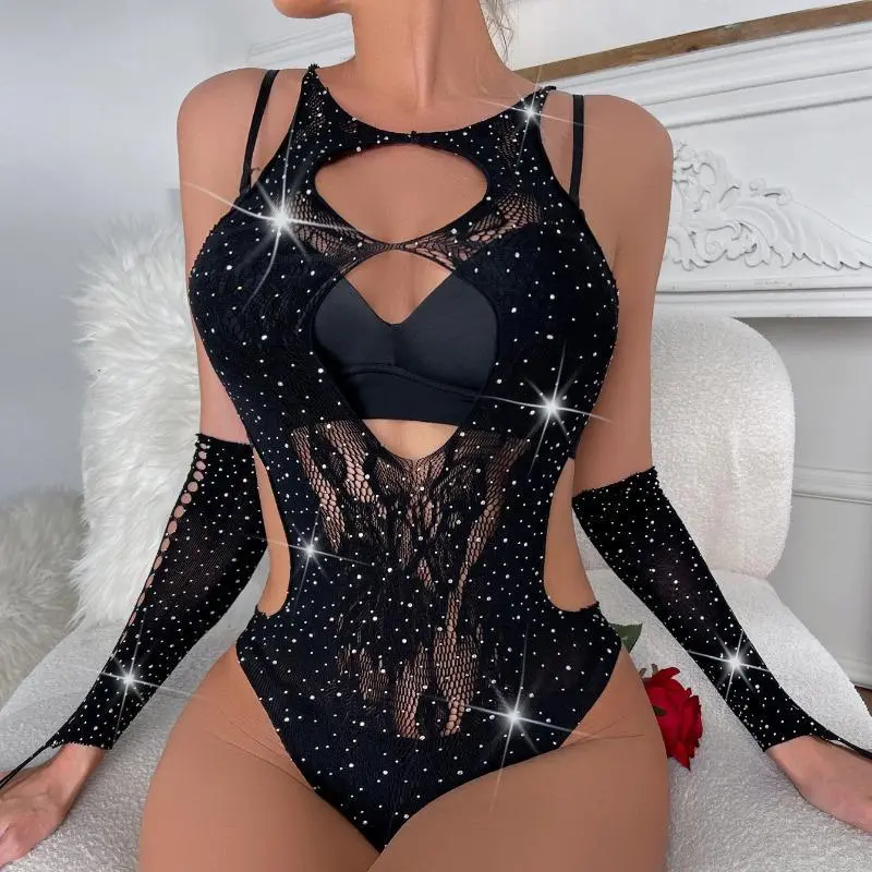 Women's Sleeveless Rhinestone Black Fishnet Slim Bodysuit With Matching Gloves, Fashion Accessory Set