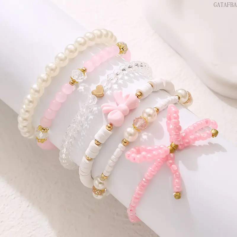 Unisex Sweet Pink Heart Bow Faux Pearl Multi-Layer Stretch 6-Piece Bracelet Set, All Seasons Accessory for Sports & Outdoor Activities