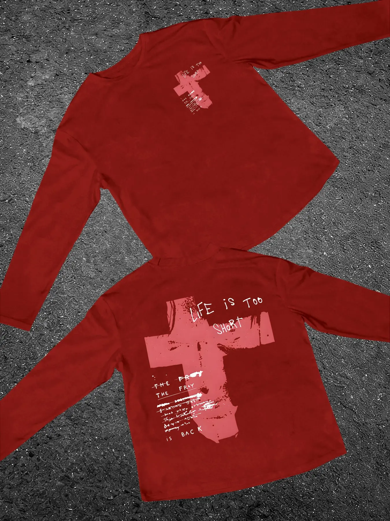 Grunge Cross Graphic Long Sleeve Shirt, Double-sided print with small chest logo and large back letter artwork, loose crew neck soft top for goth streetwear, retro punk aesthetic and everyday fashion matching