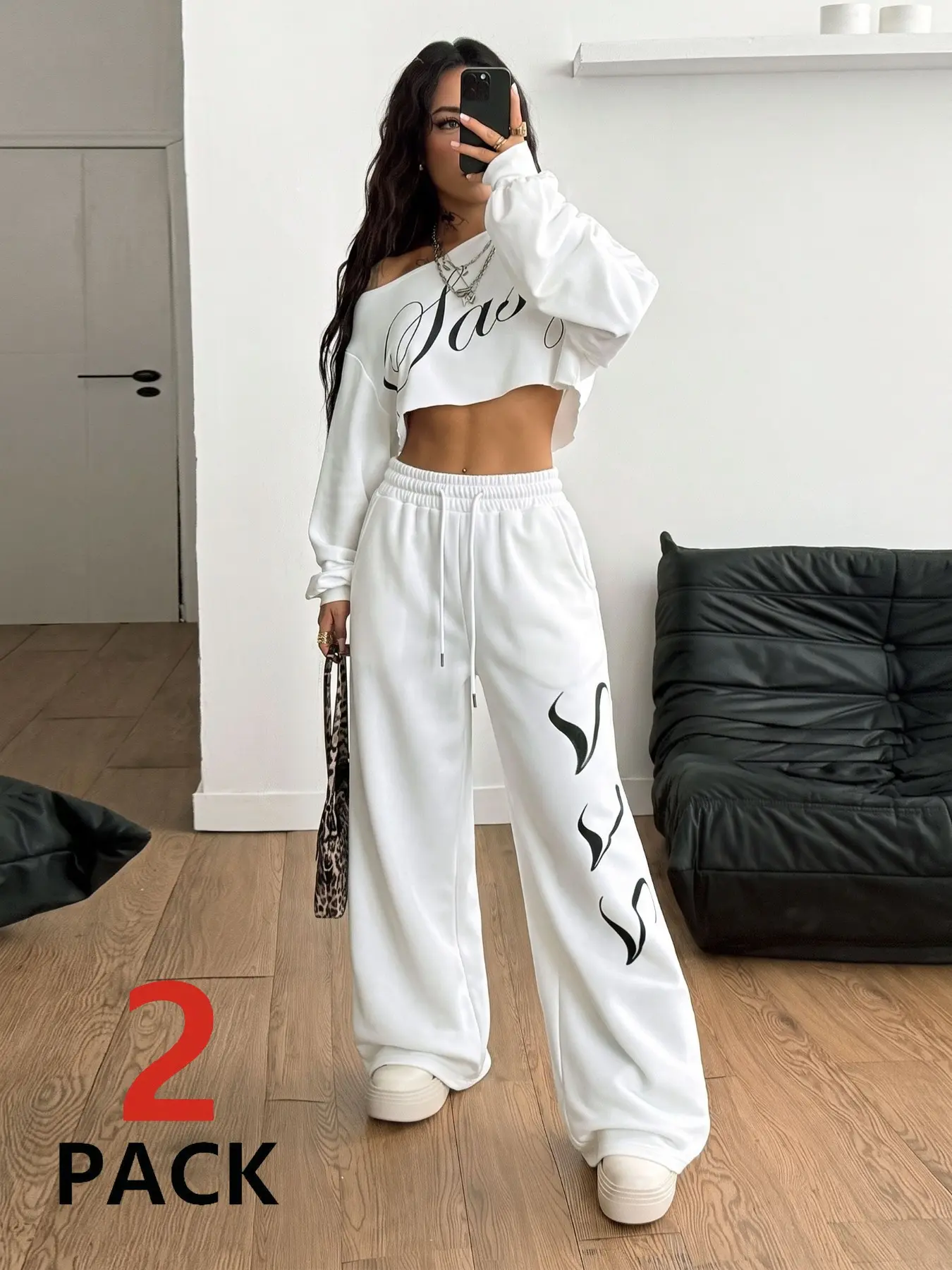 Women 2 Pack Co-ords Outfit Y2K Coquette Letter Print Off Shoulder Crop Sweatshirt Wide Leg Sweatpants Set, Long Sleeve Cropped Top High Waist Drawstring Loose Trousers Matching Tracksuit, Casual Streetwear Lounge Set, Clothes