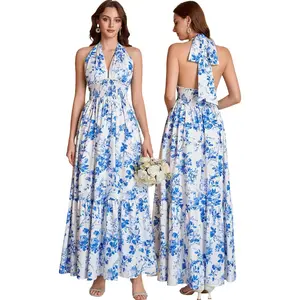 Colysmo Floral Halter Maxi Dress Long Flowy Bow Tie V Neck Summer Wedding Guest Dresses for Women 2026 Sundress