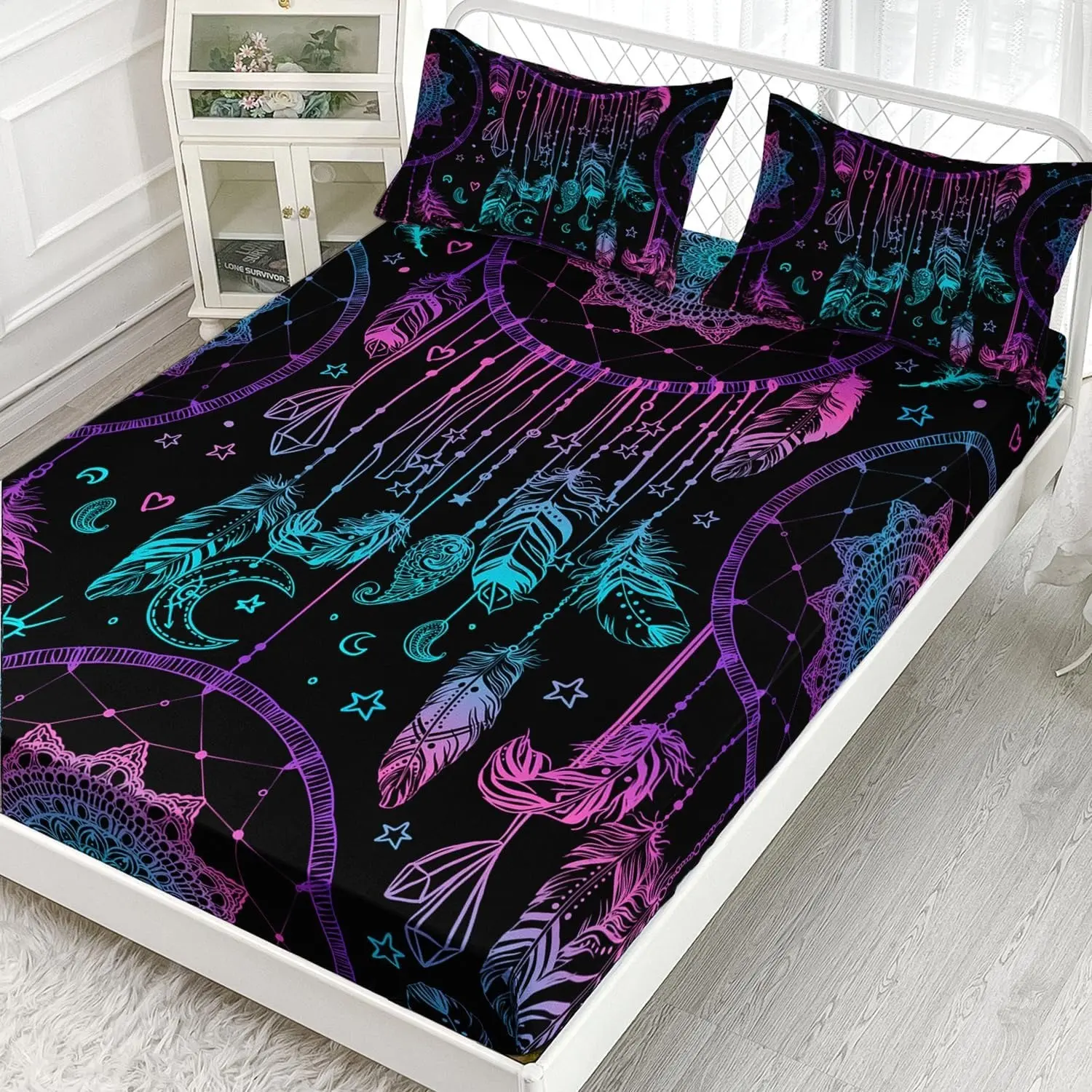 Single Bed Sheet Set, Feather Print, Bohemian Mandala, Galaxy Dream Catcher, 3-Piece Set, Includes 1 Mattress Cover and 2 Pillowcases