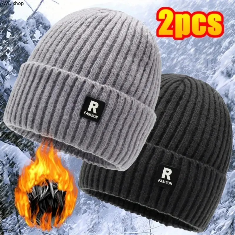 2‑Pack Men’s Winter Fleece‑Lined Knit Beanie, Thick Large‑Size Stretch Winter Hat, Cold Weather Protective Headwear, Roomy Fit for Big Heads, Ideal for Skiing Cycling Hiking, Outdoor Sports & Daily Cold‑Weather Urban Commuting