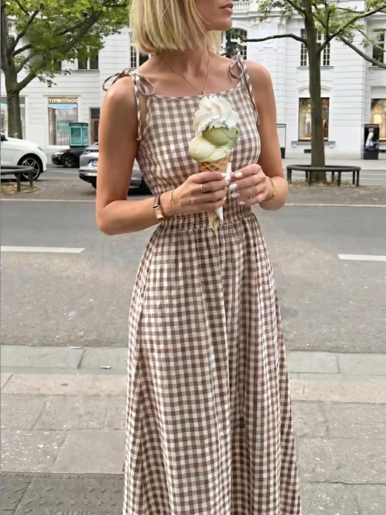 Plaid Adjustable Tie-Shoulder Elastic Sleeveless Long Dress, Summer Aesthetic Stylish Casual Wear, Perfect for Daily Wear, Comfortable and Trendy Design