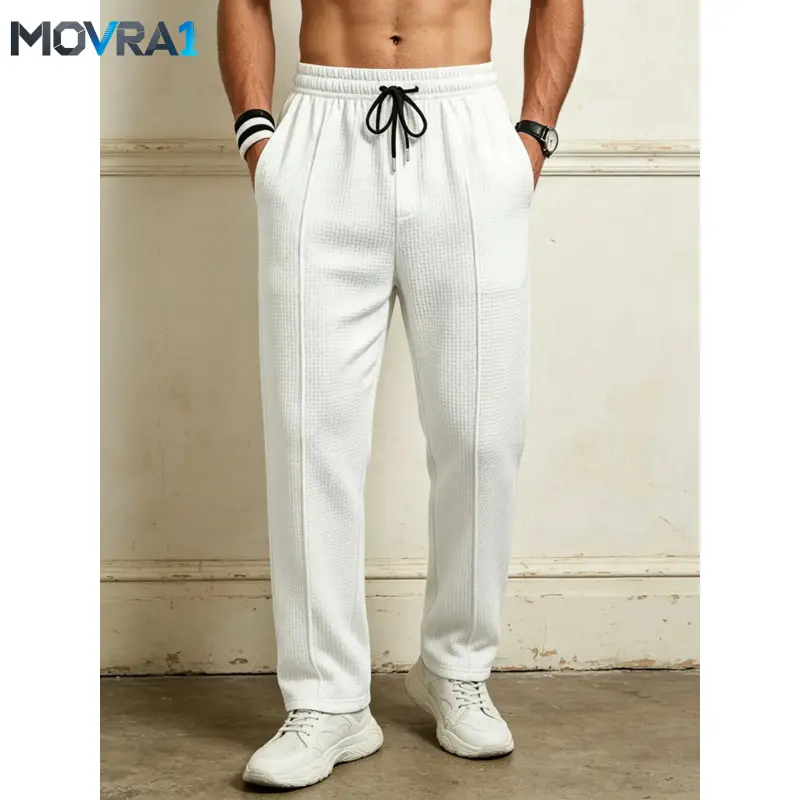 MOVRA1 Men's Waffle Straight Leg Casual Long Pants Trouser, Adjustable Waist with Drawstring, Side Pockets, Breathable, Comfortable Fitness, Home, Commute, Casual Minimalist Trousers