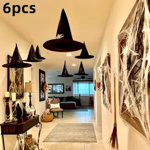 6pcs Floating Witch Hats with Fishing Lines, Halloween Decorations, Lightweight, No Electricity, Indoor/outdoor, Spooky Magic Party Decor