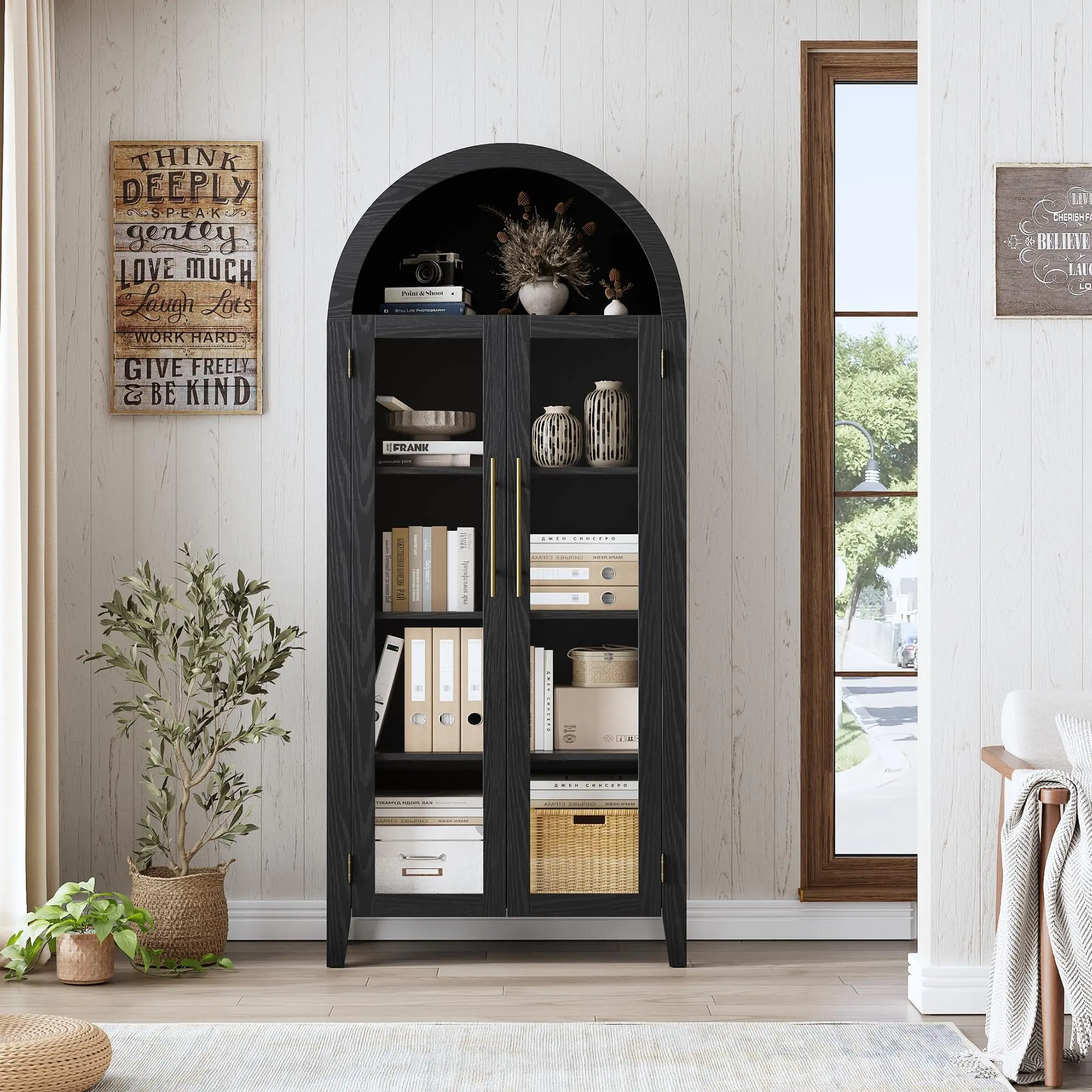 Arched 5-Tier Kitchen Pantry Cabinet with Glass Doors – Adjustable Shelves – Open Display Bookcase for Dining Room, Living Room, or Kitchen – Modern Farmhouse Storage Cupboard – White/Walnut/Blue