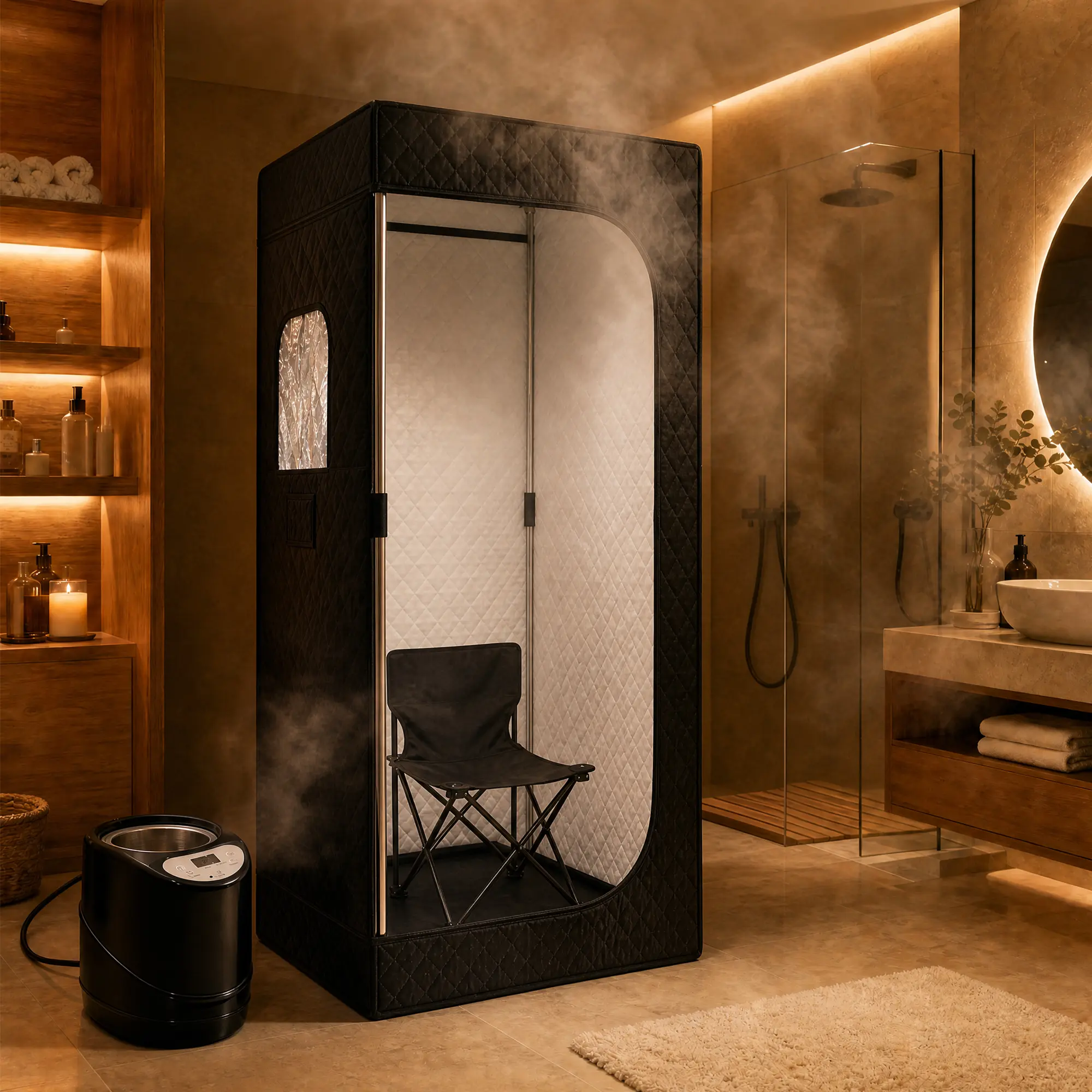 Portable Steam Sauna Tent for Home - Personal Indoor Spa Enclosure w/ 9-Level Steamer, Remote Control & Folding Chair - Black - Single