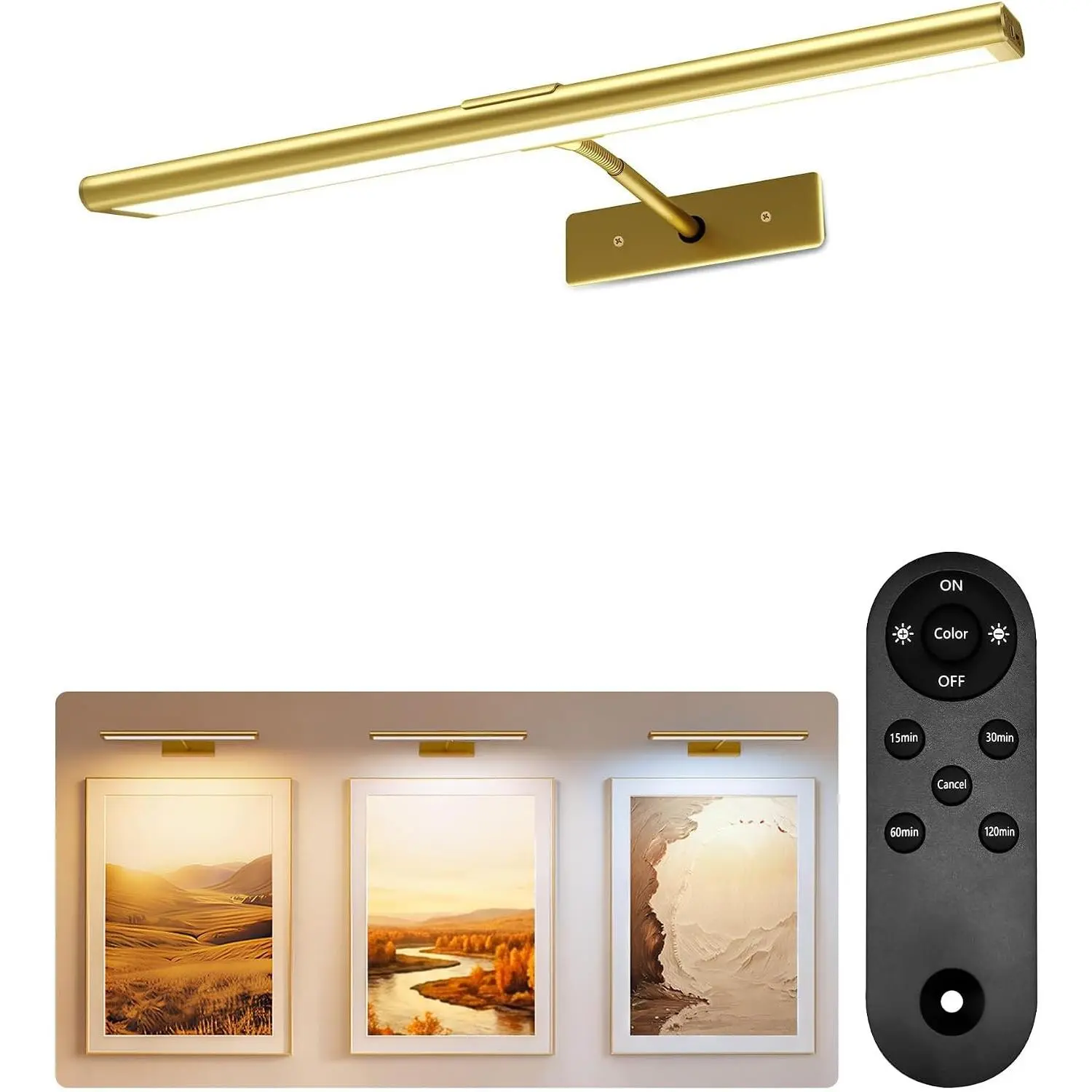 16 in Gold Wall Mount LED Lights, Rechargeable 4800mAh Wireless Remote Dimmable Magnetic Art Display Light with 3 Color Temperatures for Gallery, Living Room