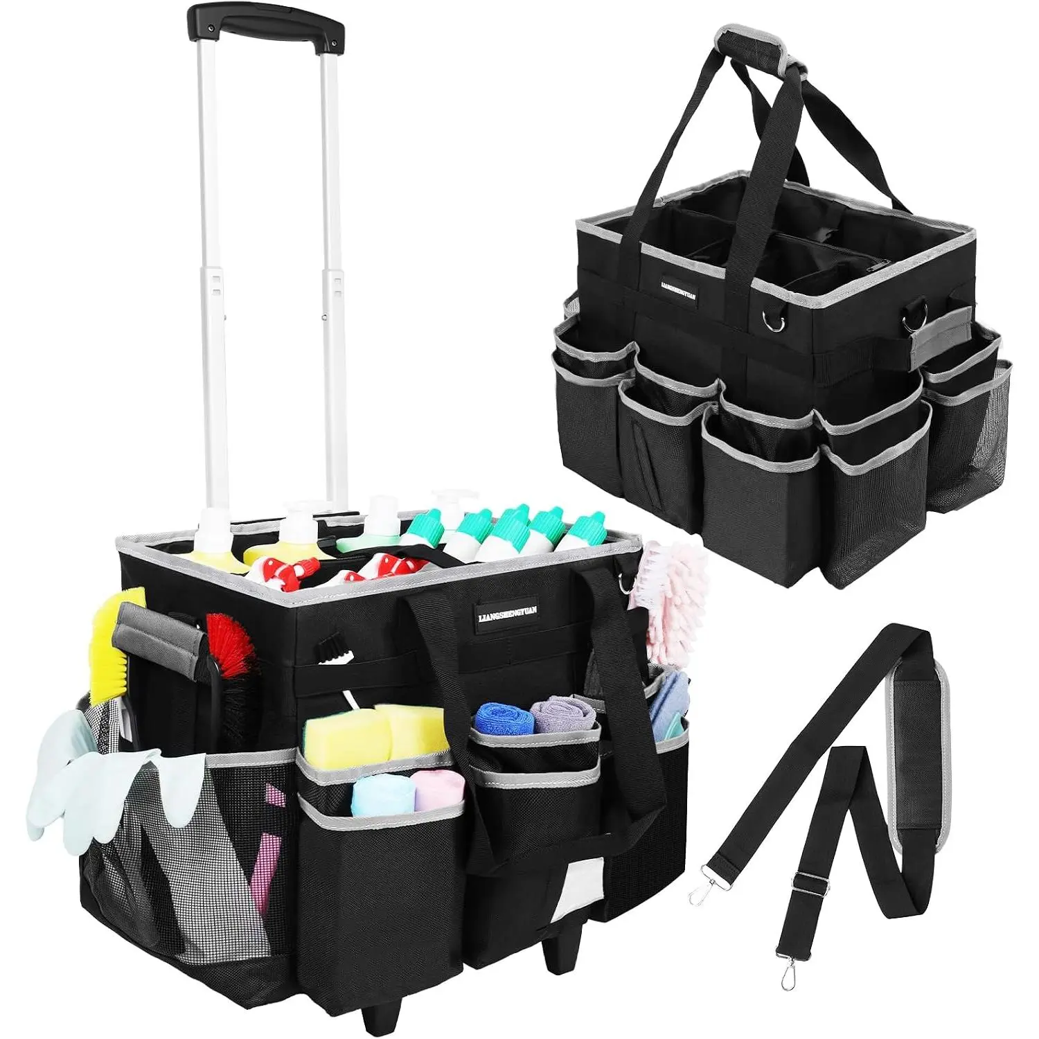 Large Rolling Cleaning  Bag, Cleaning  with Wheels with Detachable Trolley for Housekeepers, Water Resistant Cleaner Supplies Organizer with Wheels for Kitchen, , Picnic (Black-Grey)