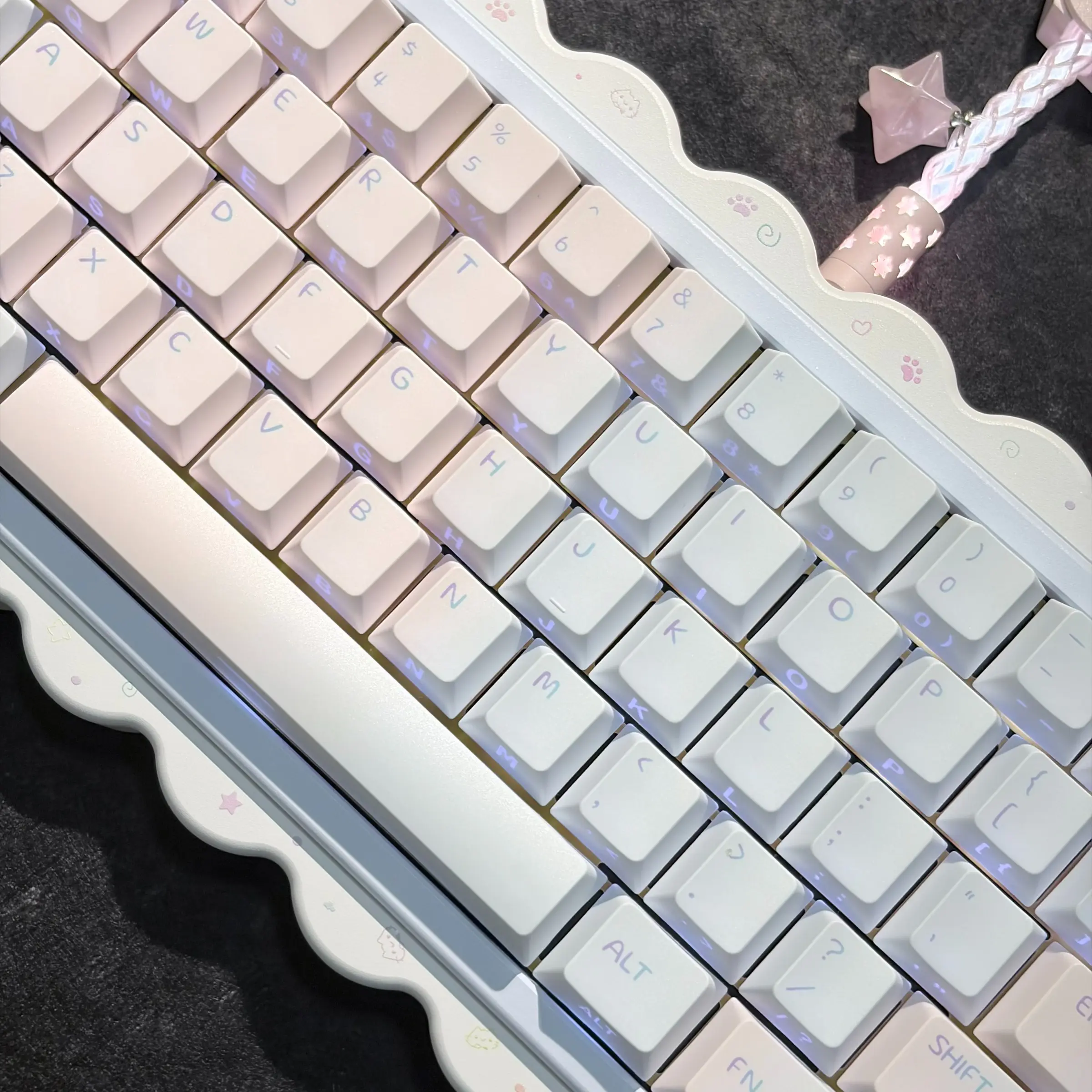 Dawn Hue Pink Blue Gradient Keycaps, PBT Dye-Sublimation Keycap Set, Cherry Profile, 130 Keys Cute Pastel Aesthetic Cloud Moon Star, Side-Printed Shine Through, for 60% 65% 75% 80% 100% Cherry MX Mechanical Keyboard