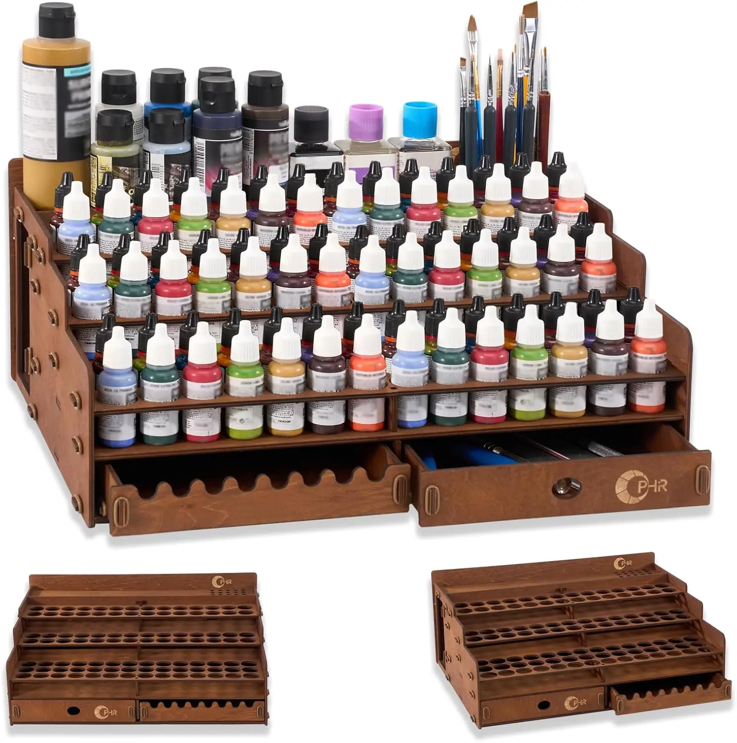 Wooden Paint Organizer 98 Holes Rack for Miniature Paints & Brushes | Fits 17/18ml Miniature Paint Set with 1.02" Dia Holes for Popular Hobby Paint Storage, 1 Drawer, 25 Brush Holes & 24 Slots