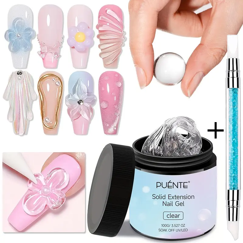 PUENTE 100g Clear Non-Stick Hand Extension Nail Gel With Sculpture Pen Set, Solid Builder Nail Gel For DIY Manicure 3D Flower Shaping& Modeling, Easy Application, Odorless, Soak-Off LED Gel For Nail Art, For Home Nail Salon Use