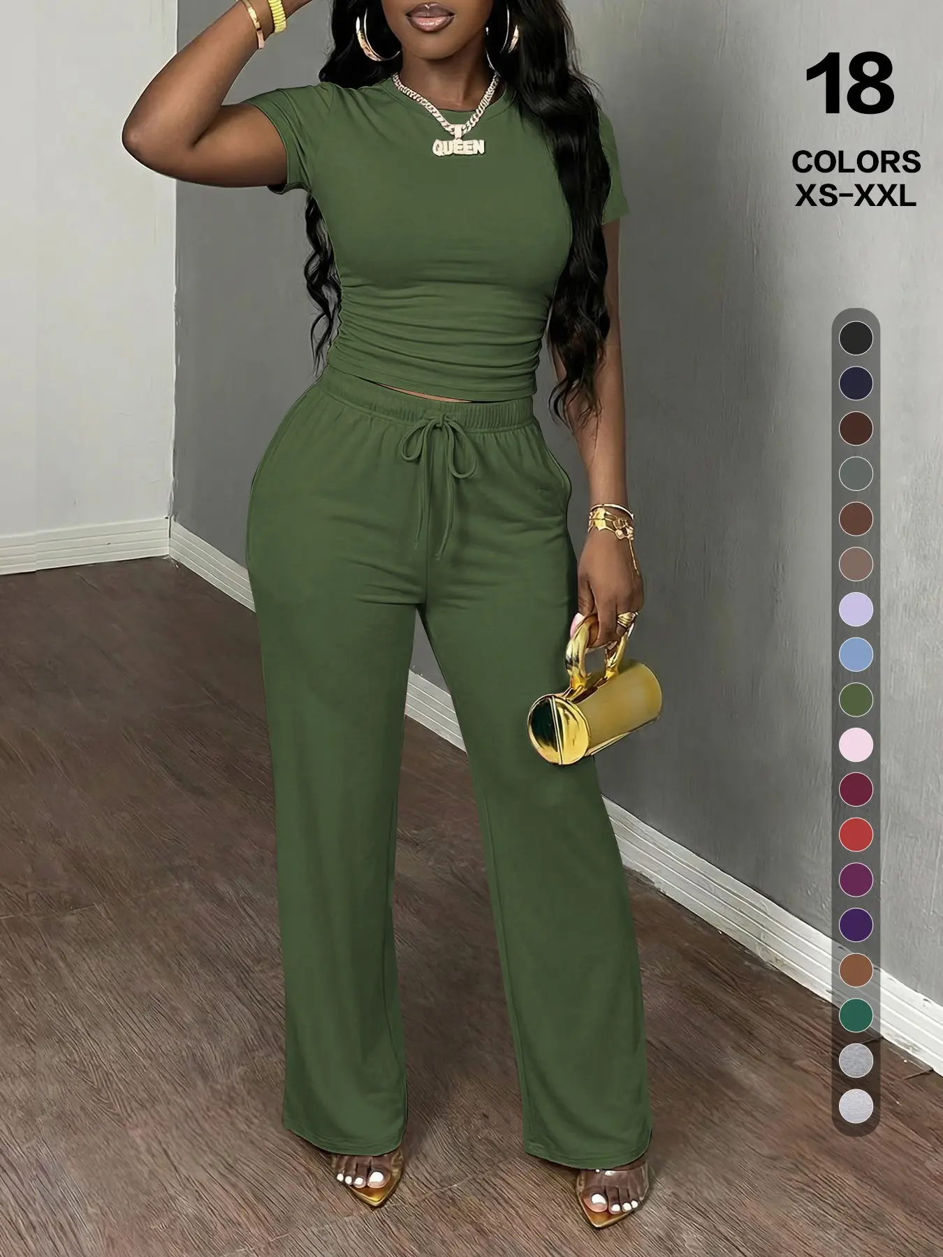 Women's Daily Casual 2-Piece Set, Crew Neck Ruched Crop Top & Drawstring Adjustable Wide Leg Trousers, Lightweight Soft Lounge Clothes