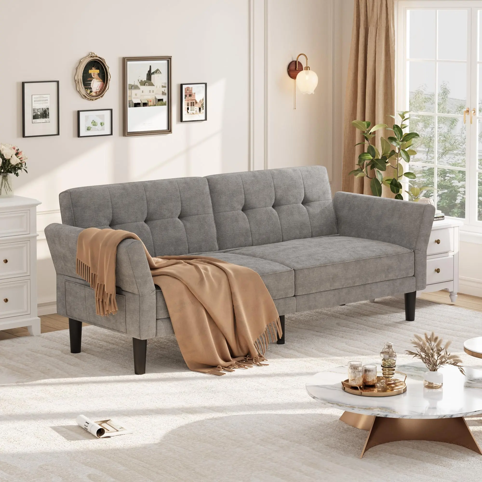 89" Futon Sofa Bed, Convertible Sleeper Sofa w/ Adjustable Backrest & Armrest, Modern Futon Couch Bed, Loveseat Sleeper for Living Room, Bedroom & Apartments