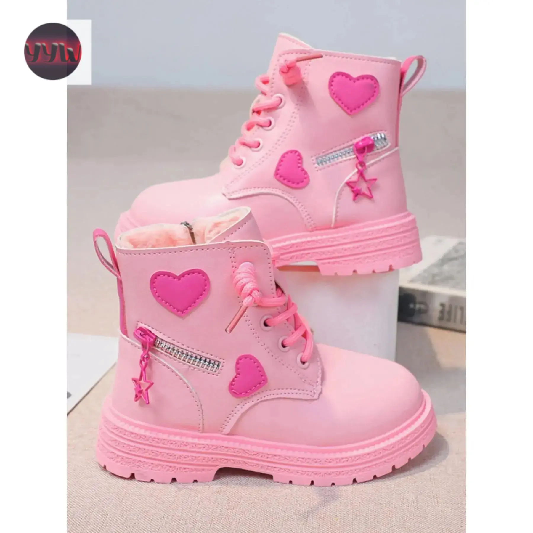 YYW1 Cute Fashionable Heart Decor Top Boots Girls, Casual Comfortable Warm Boots Daily Wear, Perfect Students and Outdoor Fall & Winter