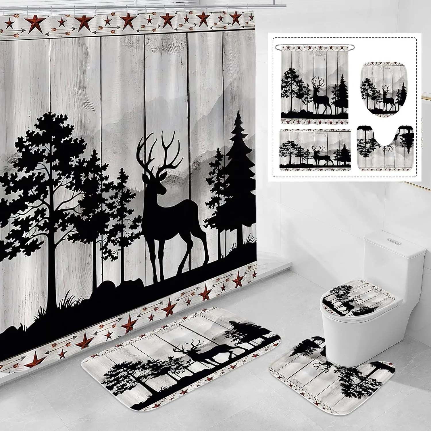 4 Pcs Rustic Forest Deer Shower Set with Non-Slip Rugs, Lid Cover and Bath Mat, Wooden Decor Set with Shower and Rugs(Not Included)