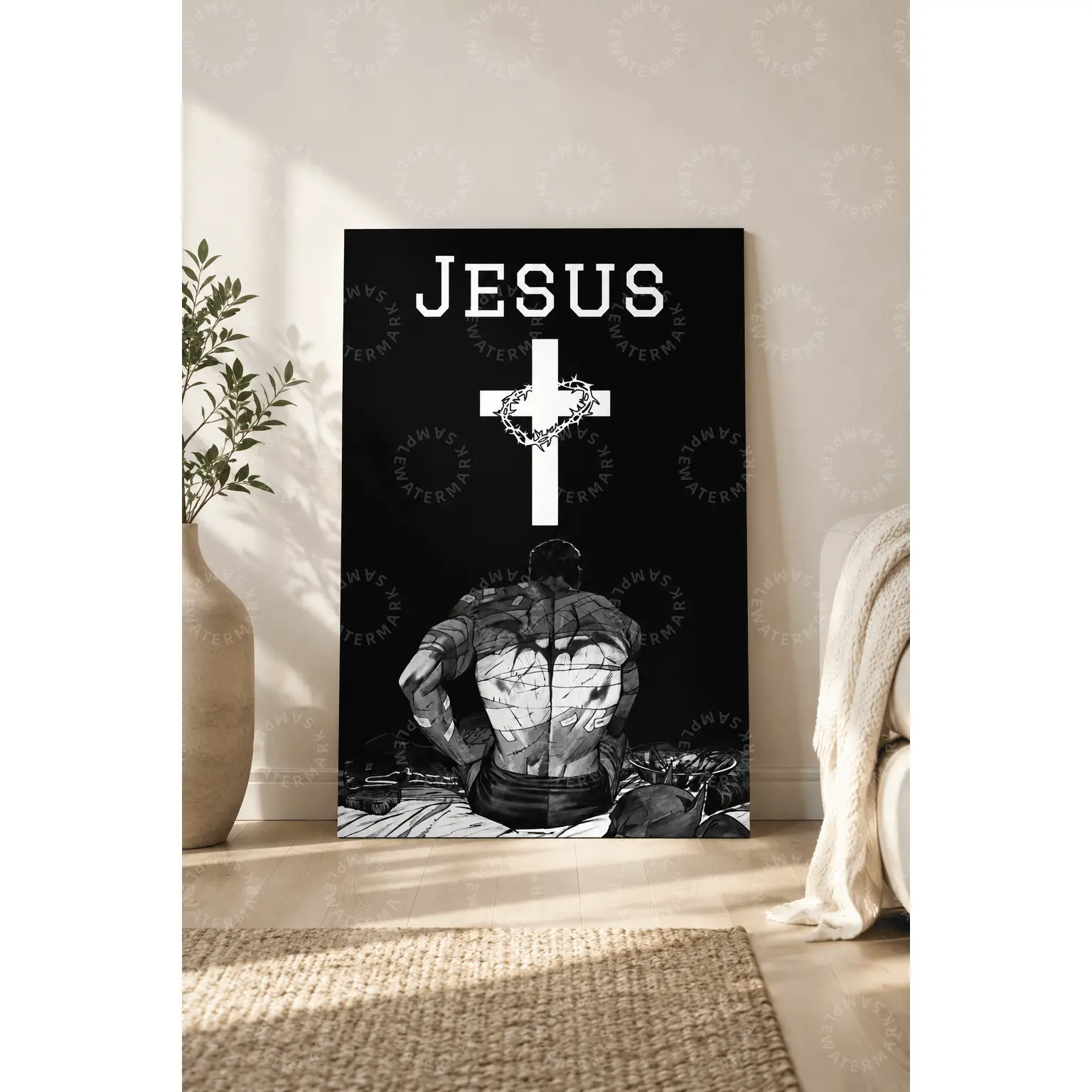 Black and White Christian Faith Poster, Jesus Cross and Crown of Thorns with Strong Seated Figure, Inspirational Bedroom Wall Art, Living Room Decor, Office Wall Art, Modern Religious Canvas Gift