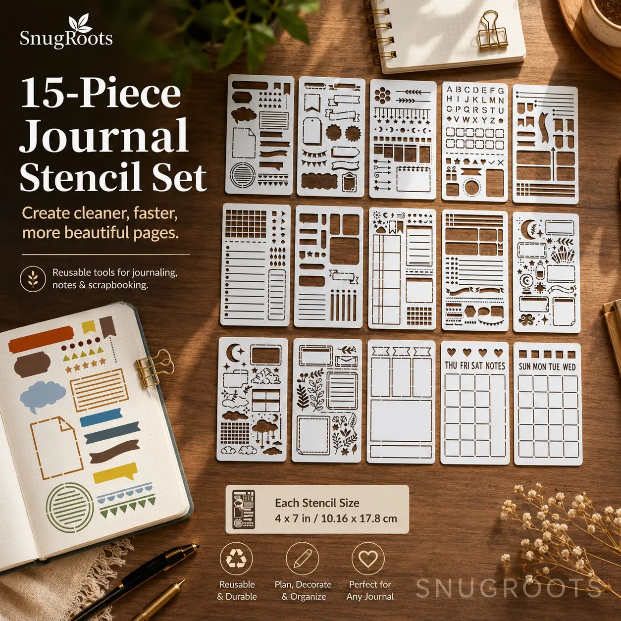 15 Pcs Journal Stencil Set – Bullet Journal Templates, Planner Stencils, Drawing Guides, Letter and Number Stencils, Calendar Icons, Banners, Frames and Decorative Shapes for Journaling, Scrapbooking, Note Taking, Card Making, Crafts and DIY Art.