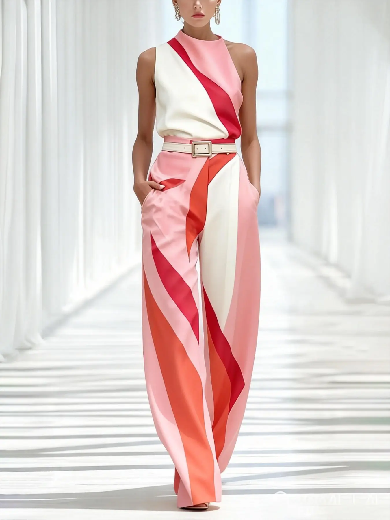 Urban Fashion Patchwork Stand Collar Shirt and Straight Leg Pants Coordinate Set for Women, Two-Piece, All Seasons, Geometric Pattern, Sleeveless