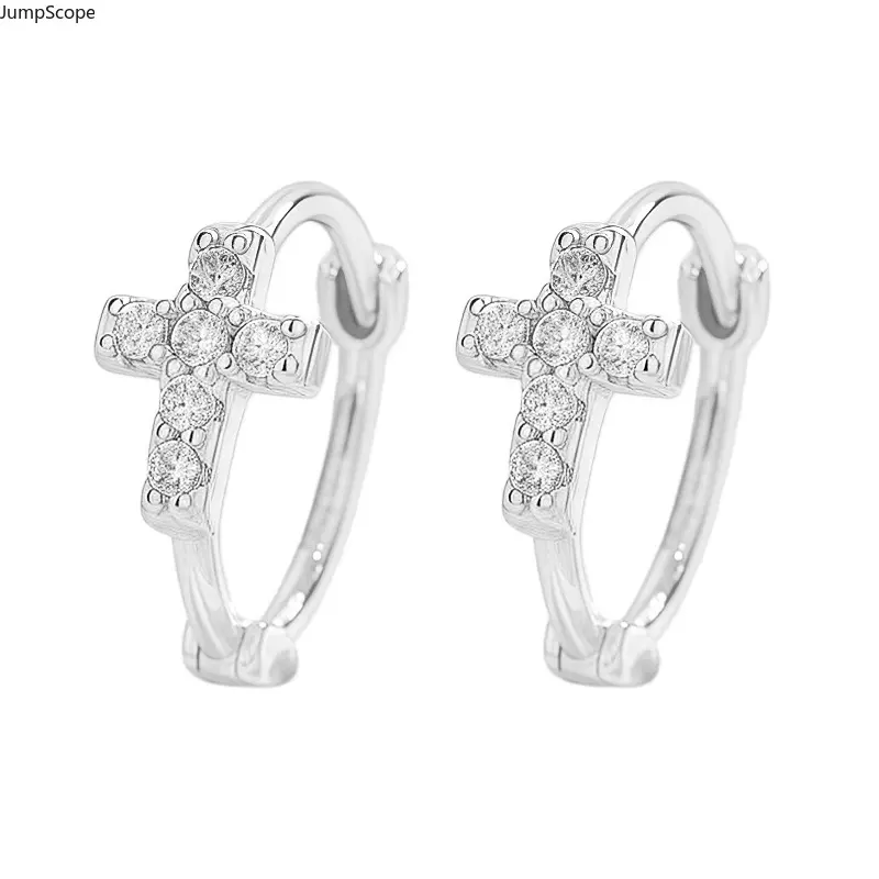 2026 New Paved Zircon Cross Huggie Hoop Earrings For Women, 3 Sizes 6/8/10MM Two-Tone Gold Silver Geometric Diamond Cross Click Top Ear Cuffs Trendy Cross Statement Daily Jewelry