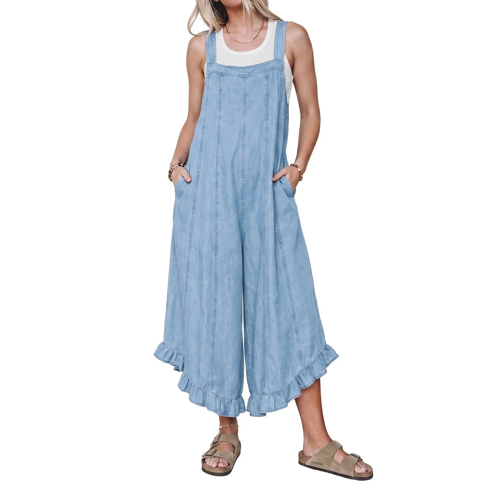 Imily Bela Women’s Soft Tencel Denim Overalls Wide Leg Jumpsuit with Ruffle Hem and Side Pockets